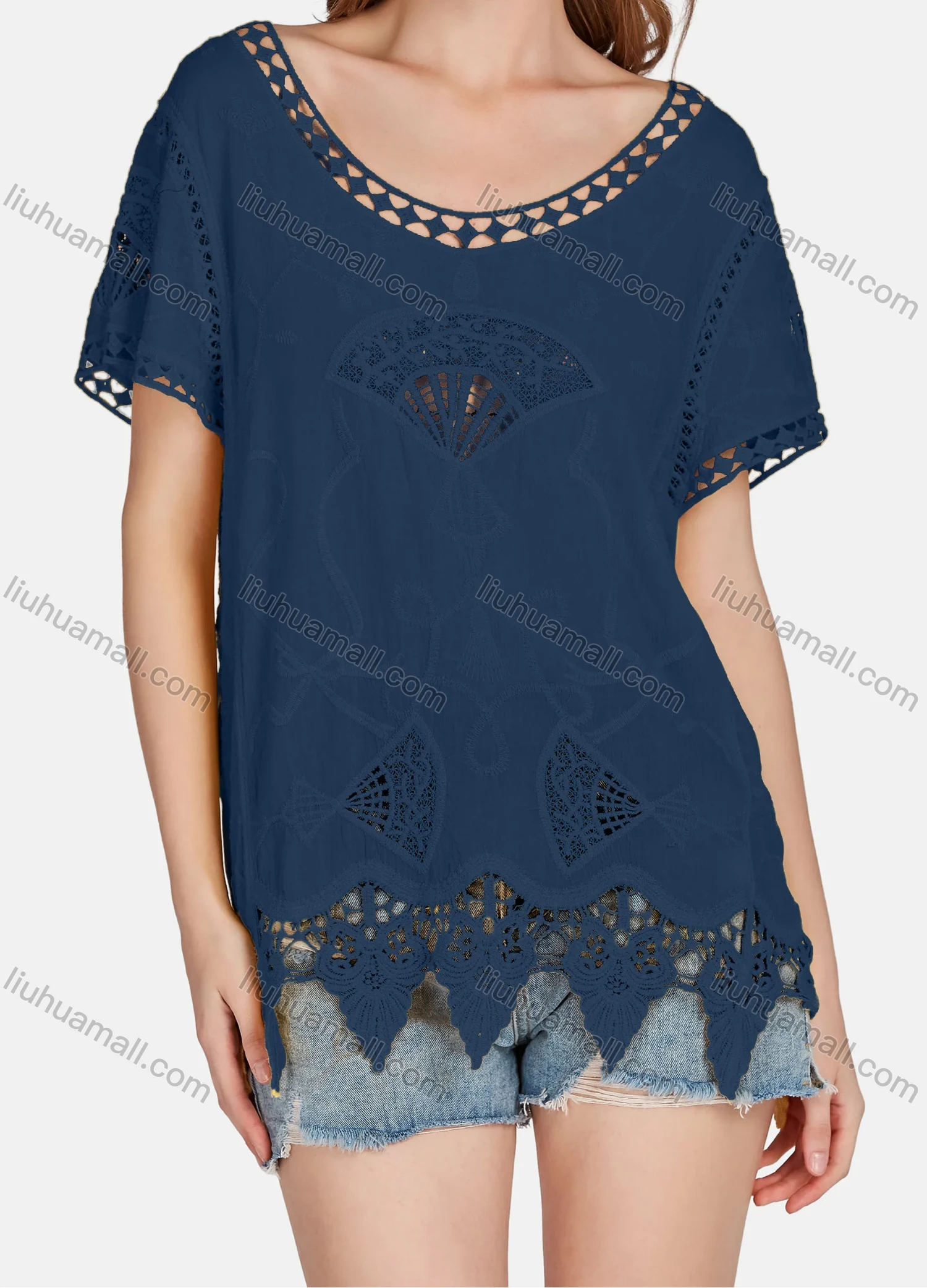 Wholesale Women's Casual Scoop Neck Embroidered Hollow Out Lace Blouse 2003# - Liuhuamall