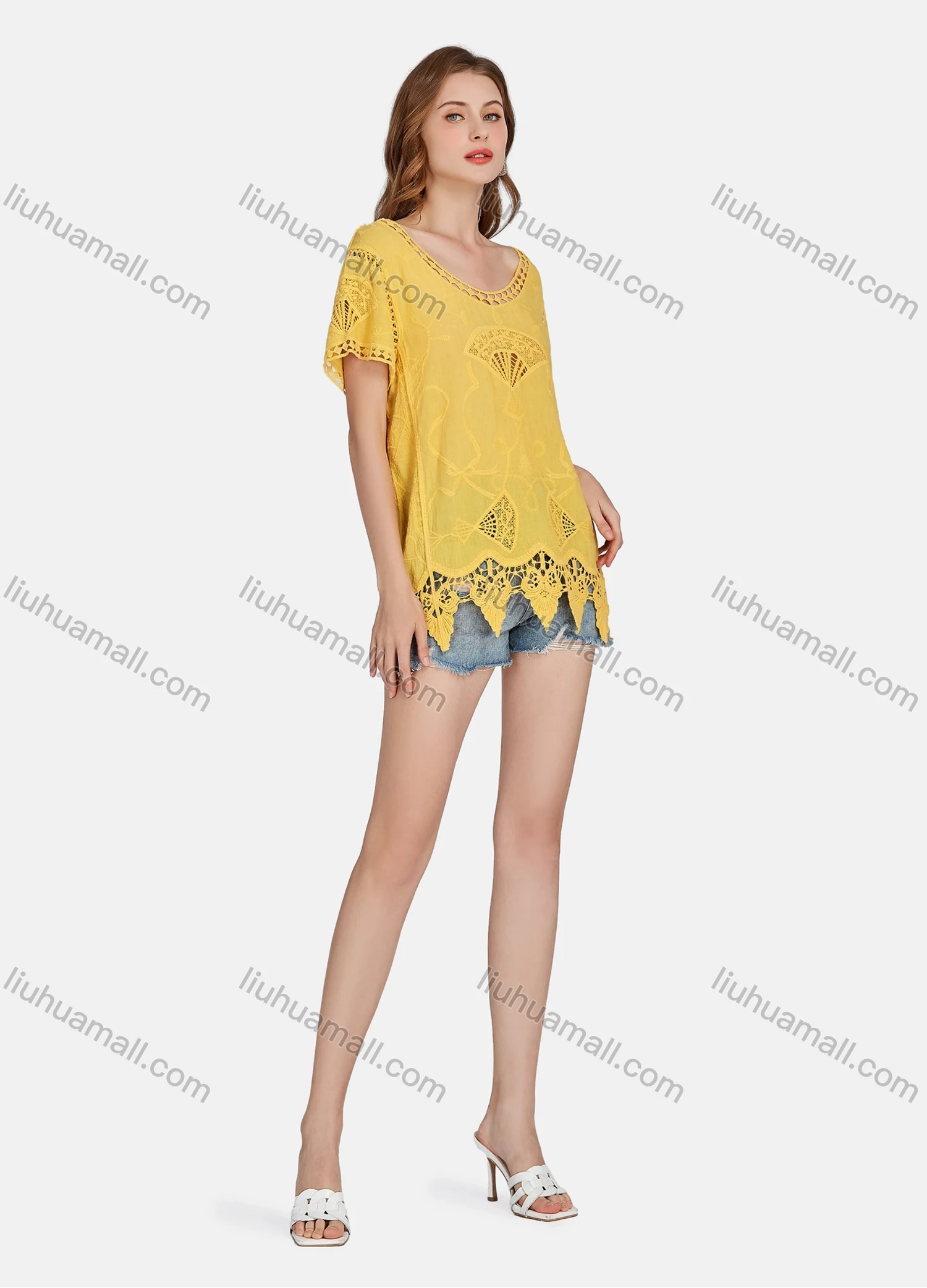 Wholesale Women's Casual Scoop Neck Embroidered Hollow Out Lace Blouse 2003# - Liuhuamall