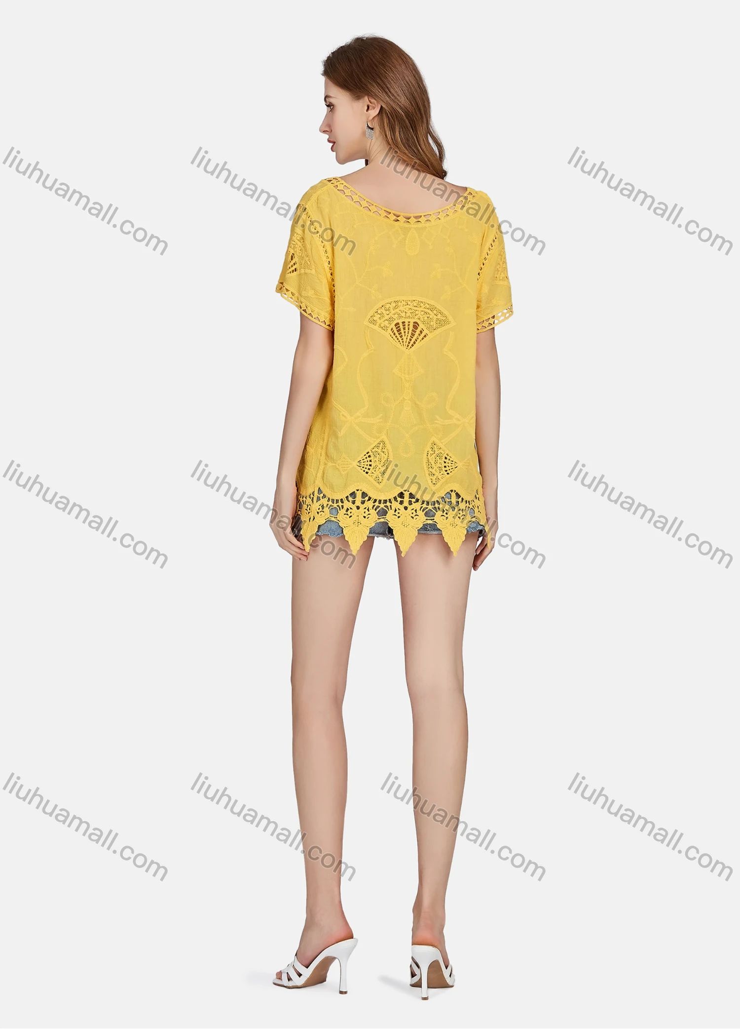 Wholesale Women's Casual Scoop Neck Embroidered Hollow Out Lace Blouse 2003# - Liuhuamall