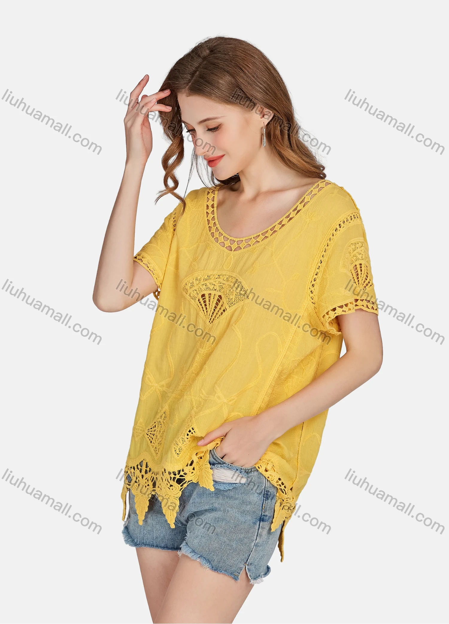 Wholesale Women's Casual Scoop Neck Embroidered Hollow Out Lace Blouse 2003# - Liuhuamall