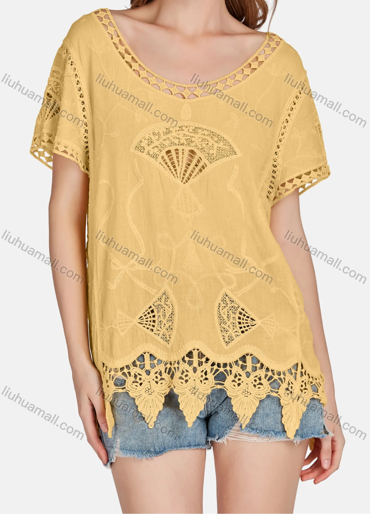 Wholesale Women's Casual Scoop Neck Embroidered Hollow Out Lace Blouse 2003# - Liuhuamall