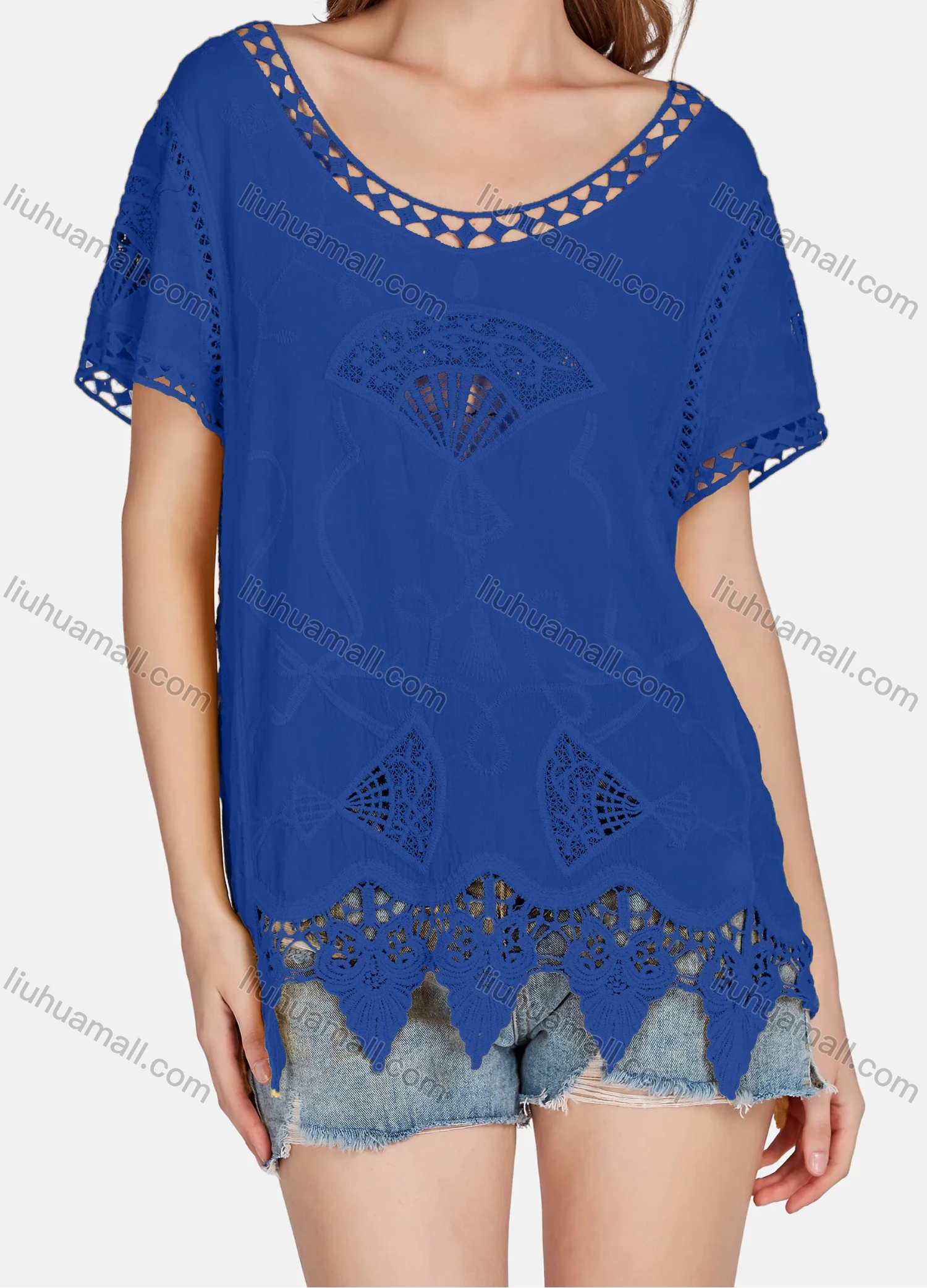 Wholesale Women's Casual Scoop Neck Embroidered Hollow Out Lace Blouse 2003# - Liuhuamall