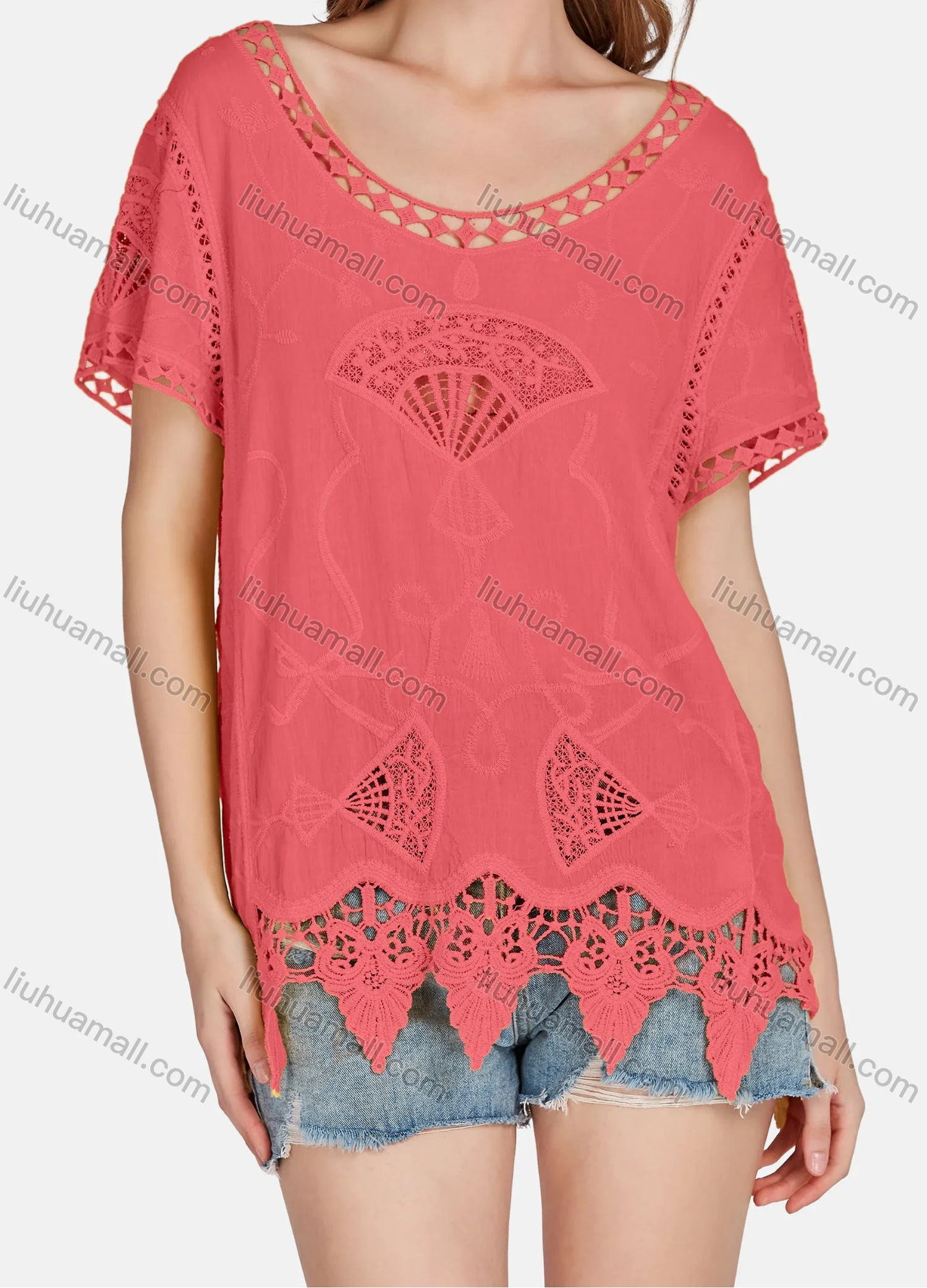 Wholesale Women's Casual Scoop Neck Embroidered Hollow Out Lace Blouse 2003# - Liuhuamall