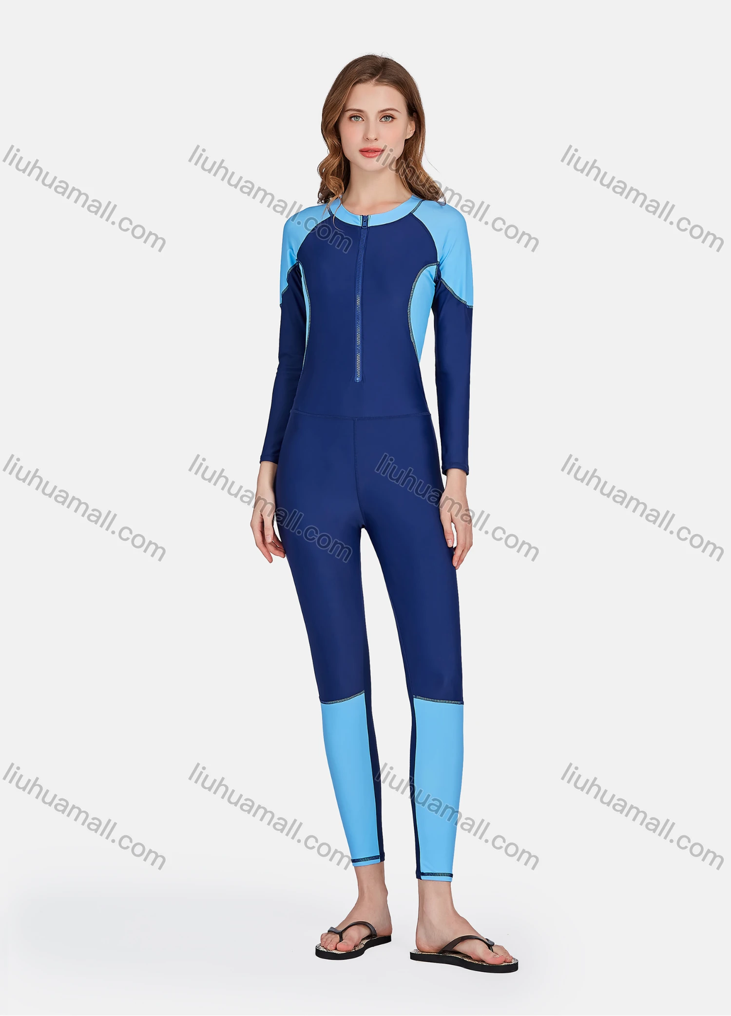 Wholesale Women's Zip Front Long Sleeve Round Neck Splicing Colorblock One Piece Swimsuit 507# - Liuhuamall