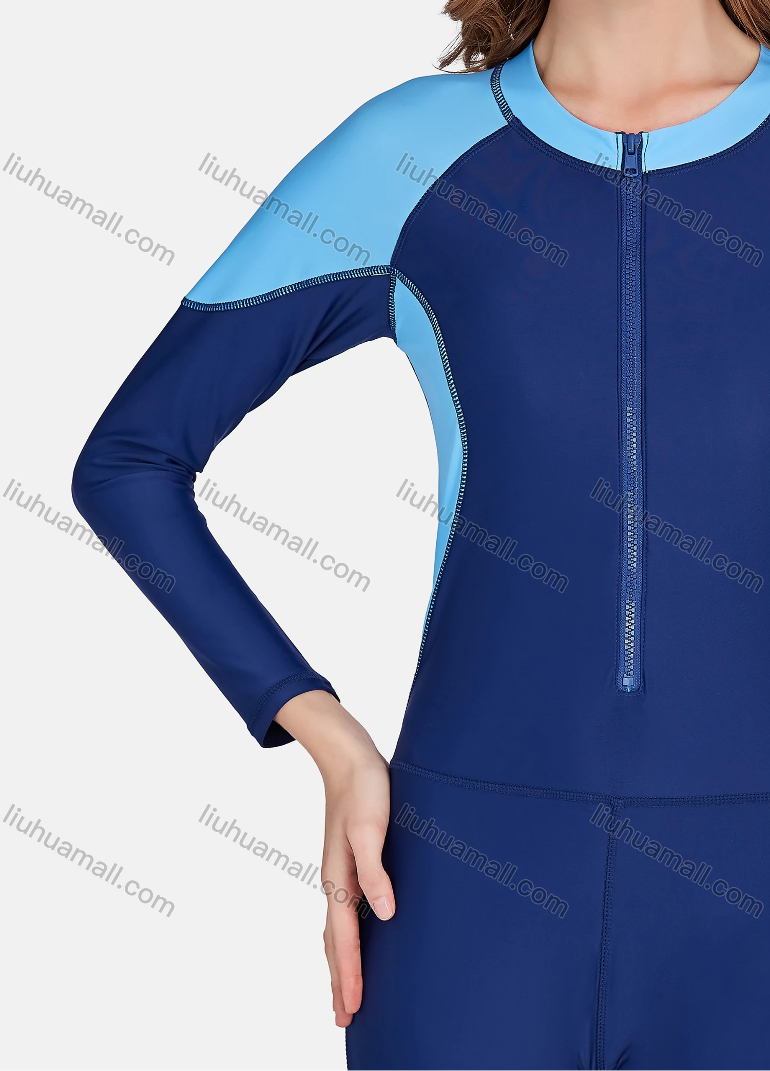 Wholesale Women's Zip Front Long Sleeve Round Neck Splicing Colorblock One Piece Swimsuit 507# - Liuhuamall