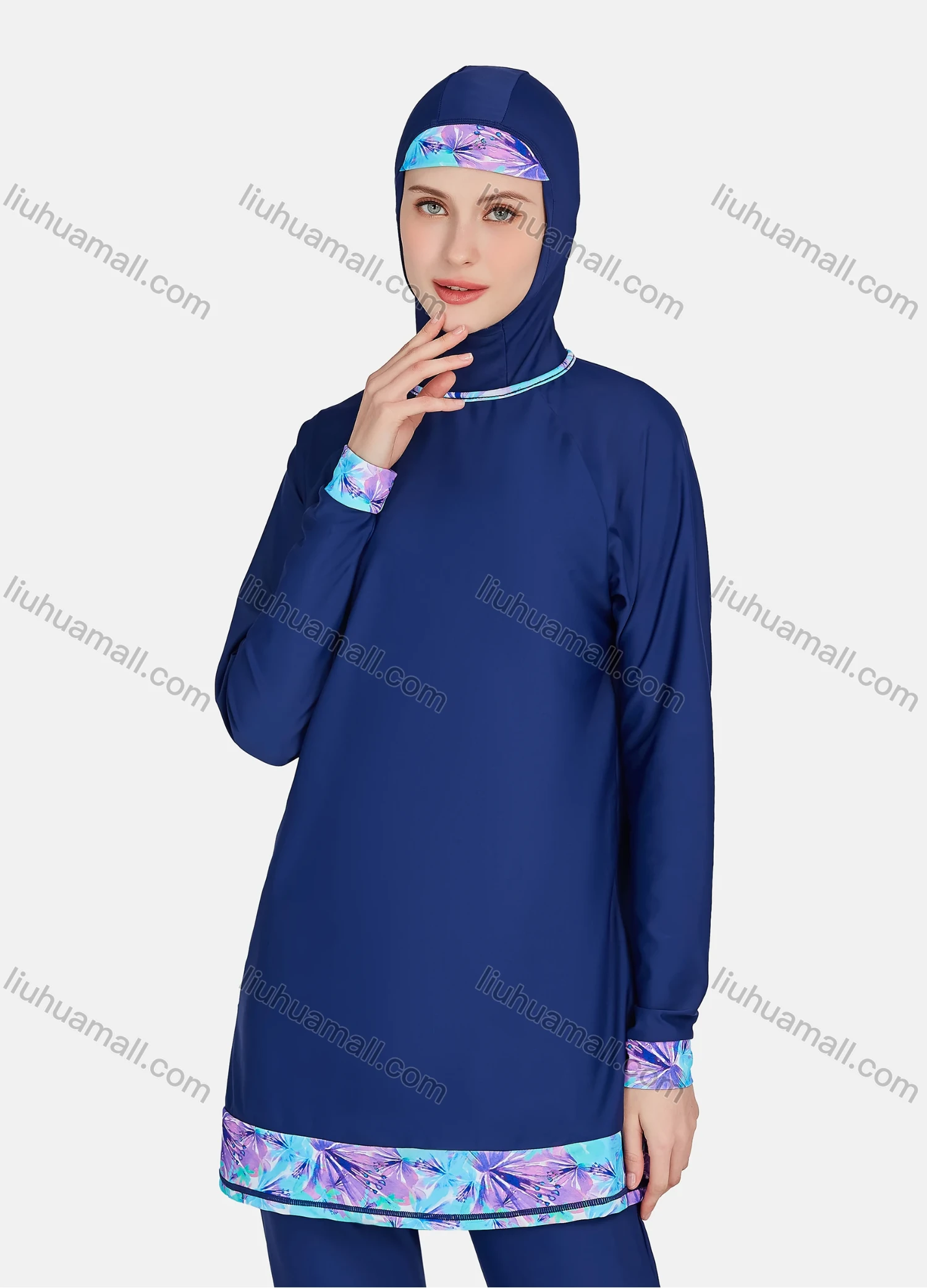 Wholesale Women's Sporty Muslim Full Coverage Plain Splicing Floral Long Sleeve Tops & Pants 2 Piece Swimsuit Set 3207# - Liuhuamall