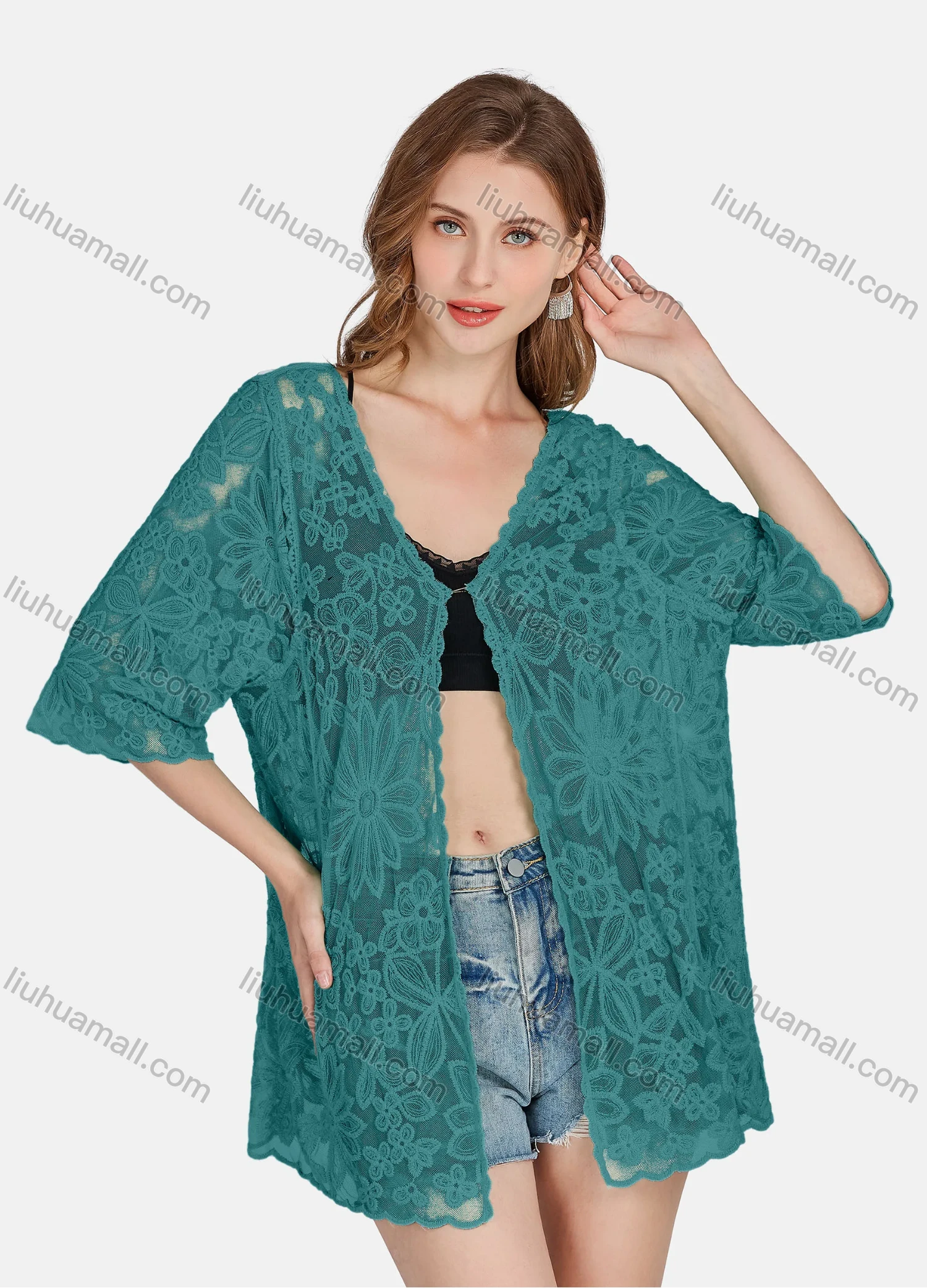 Wholesale Women's Casual 3/4 Sleeve Hollow Out Guipure Lace Cover Up Cardigan 2004# - Liuhuamall