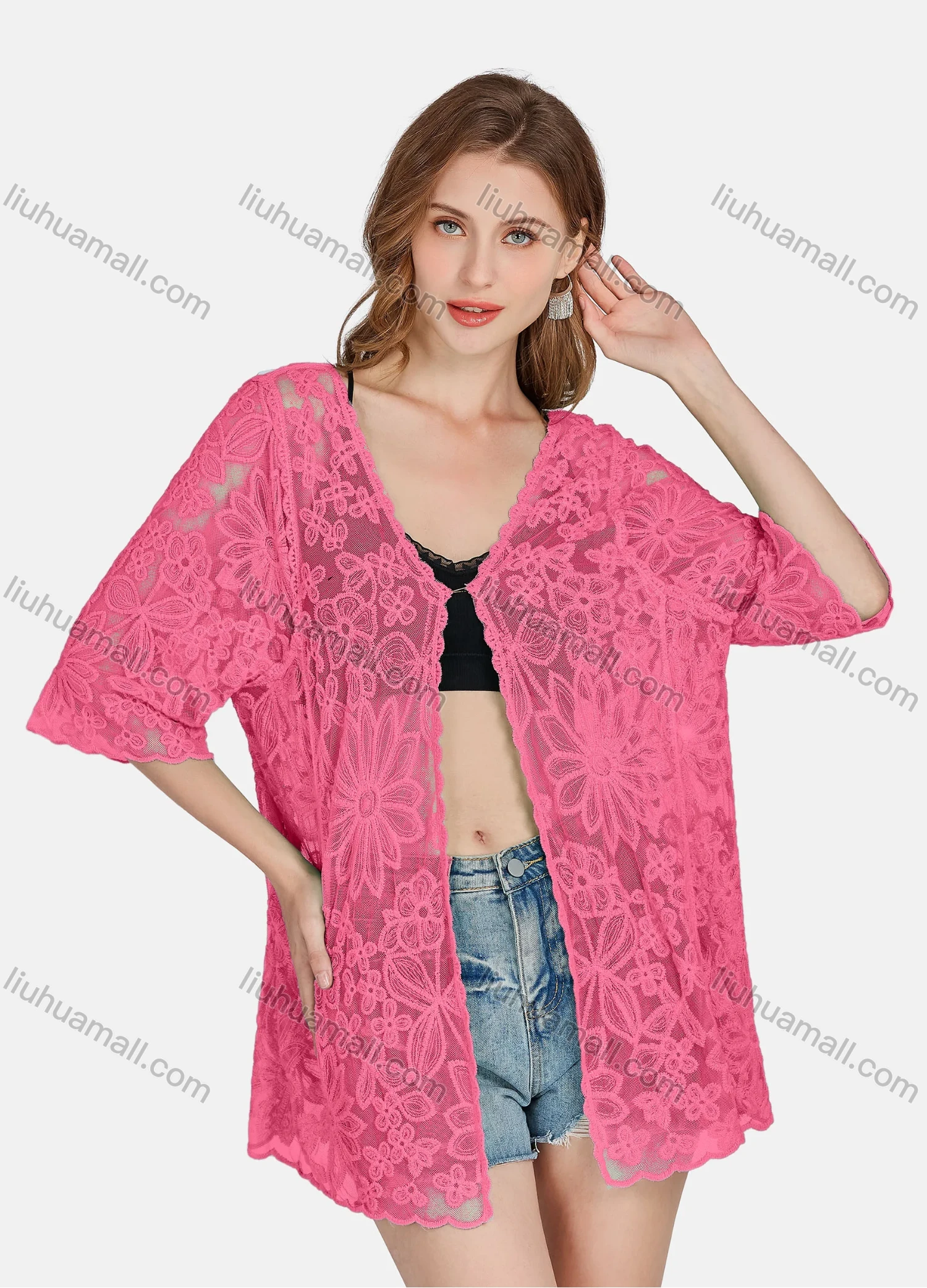Wholesale Women's Casual 3/4 Sleeve Hollow Out Guipure Lace Cover Up Cardigan 2004# - Liuhuamall