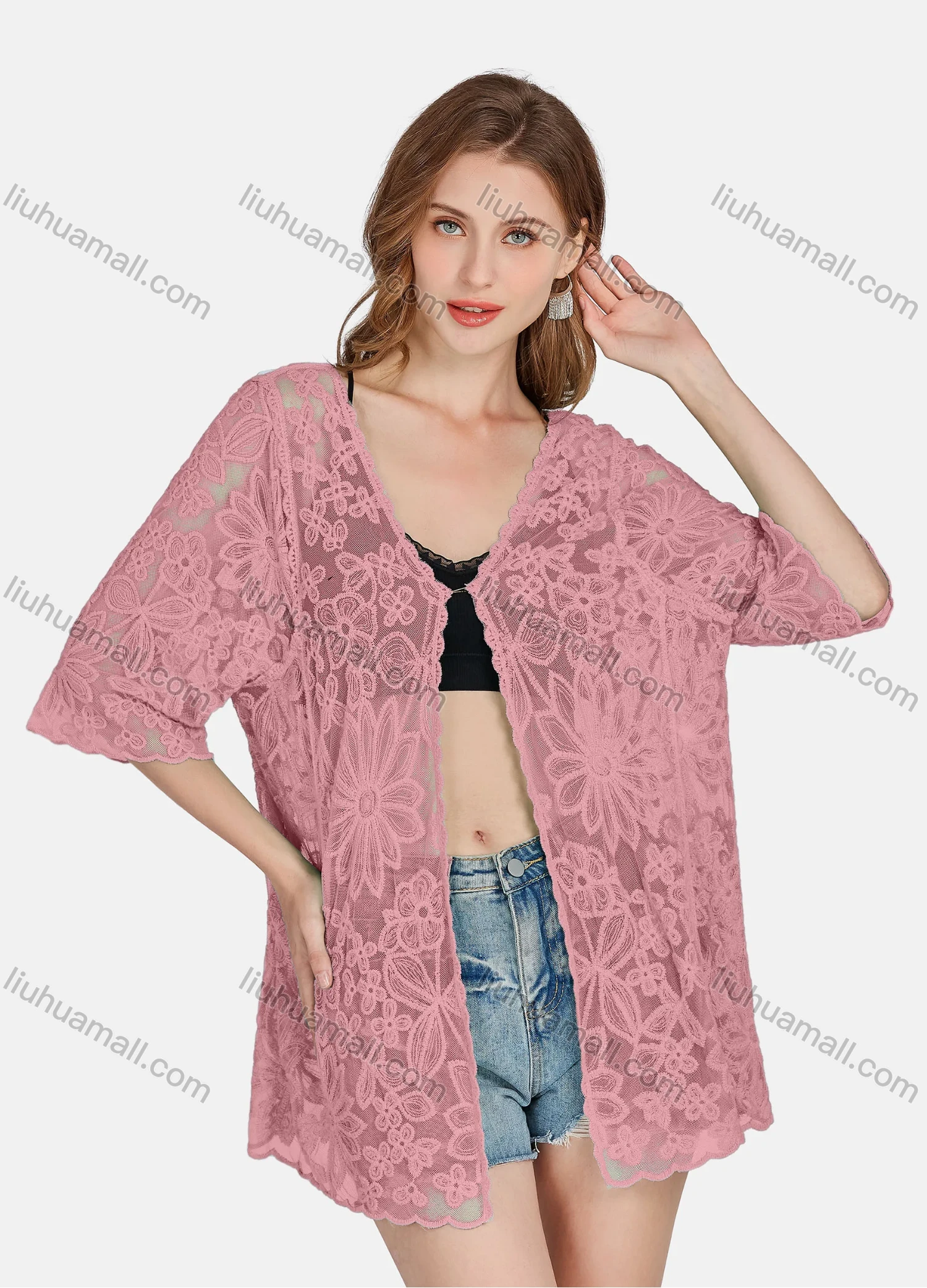 Wholesale Women's Casual 3/4 Sleeve Hollow Out Guipure Lace Cover Up Cardigan 2004# - Liuhuamall