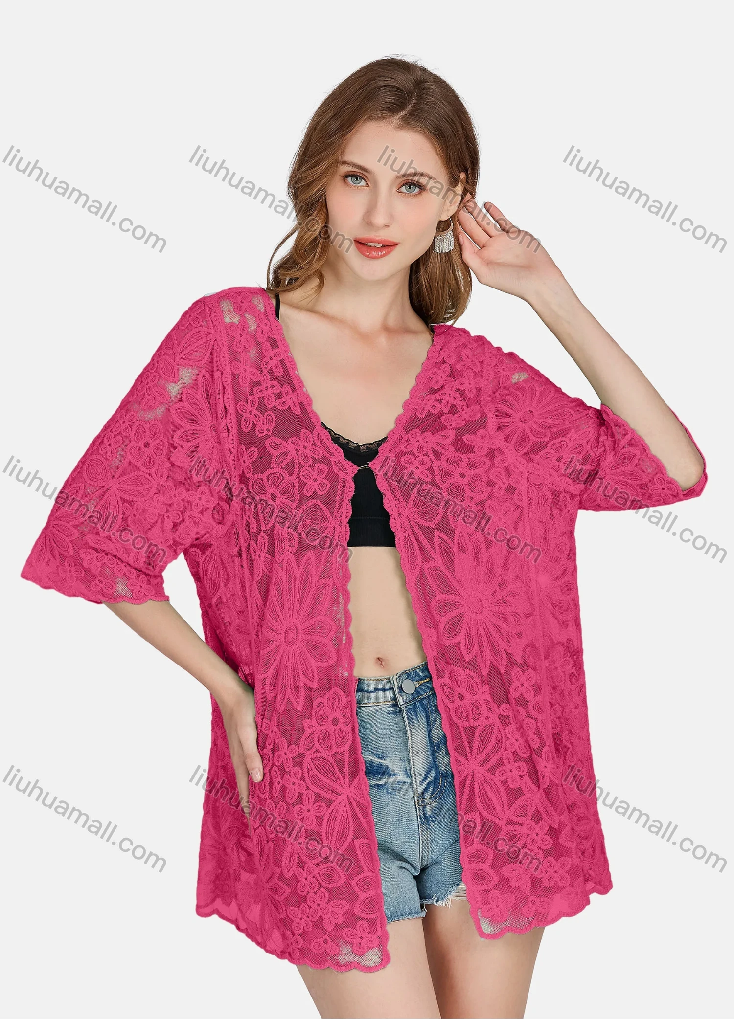 Wholesale Women's Casual 3/4 Sleeve Hollow Out Guipure Lace Cover Up Cardigan 2004# - Liuhuamall