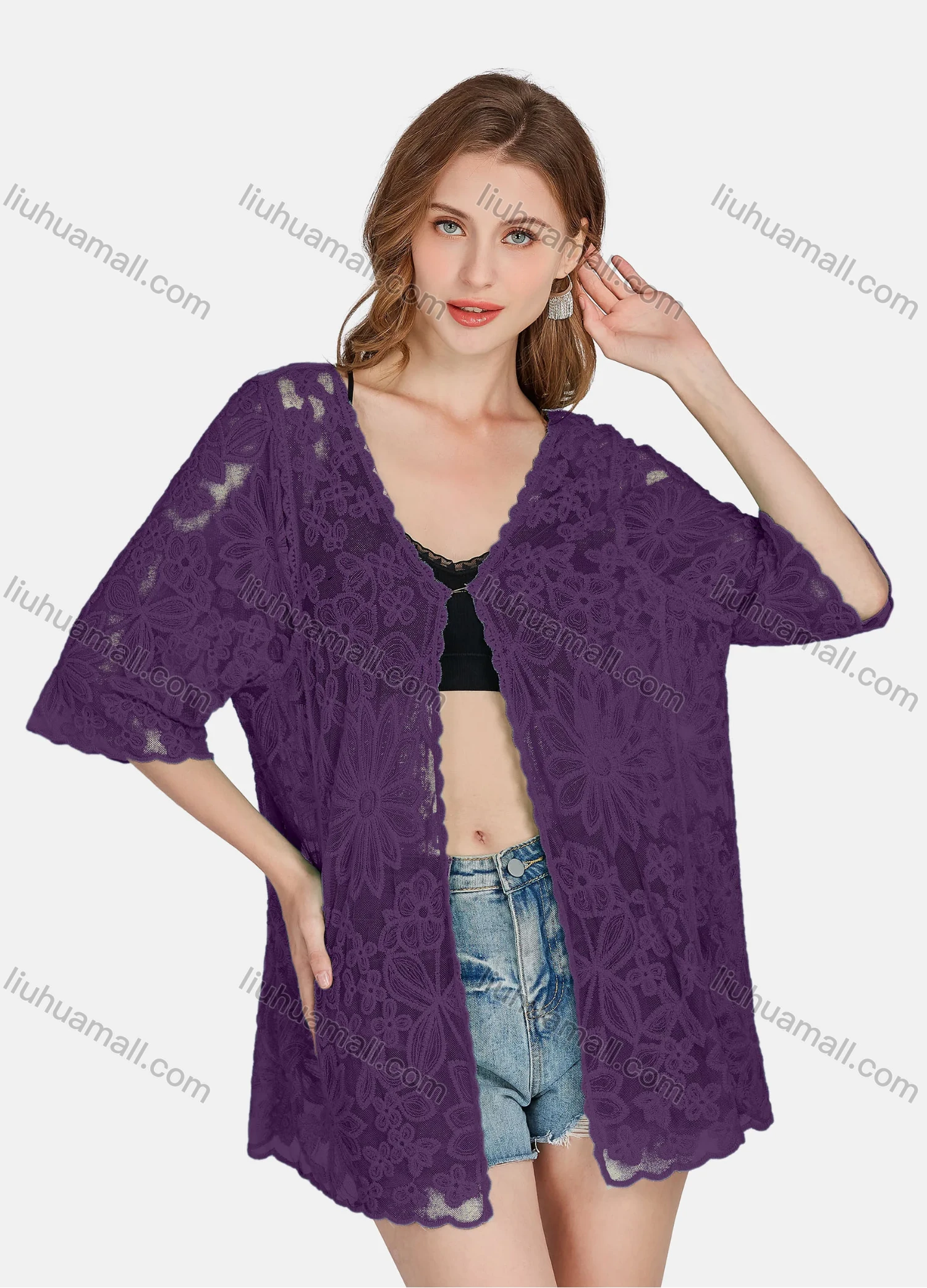 Wholesale Women's Casual 3/4 Sleeve Hollow Out Guipure Lace Cover Up Cardigan 2004# - Liuhuamall