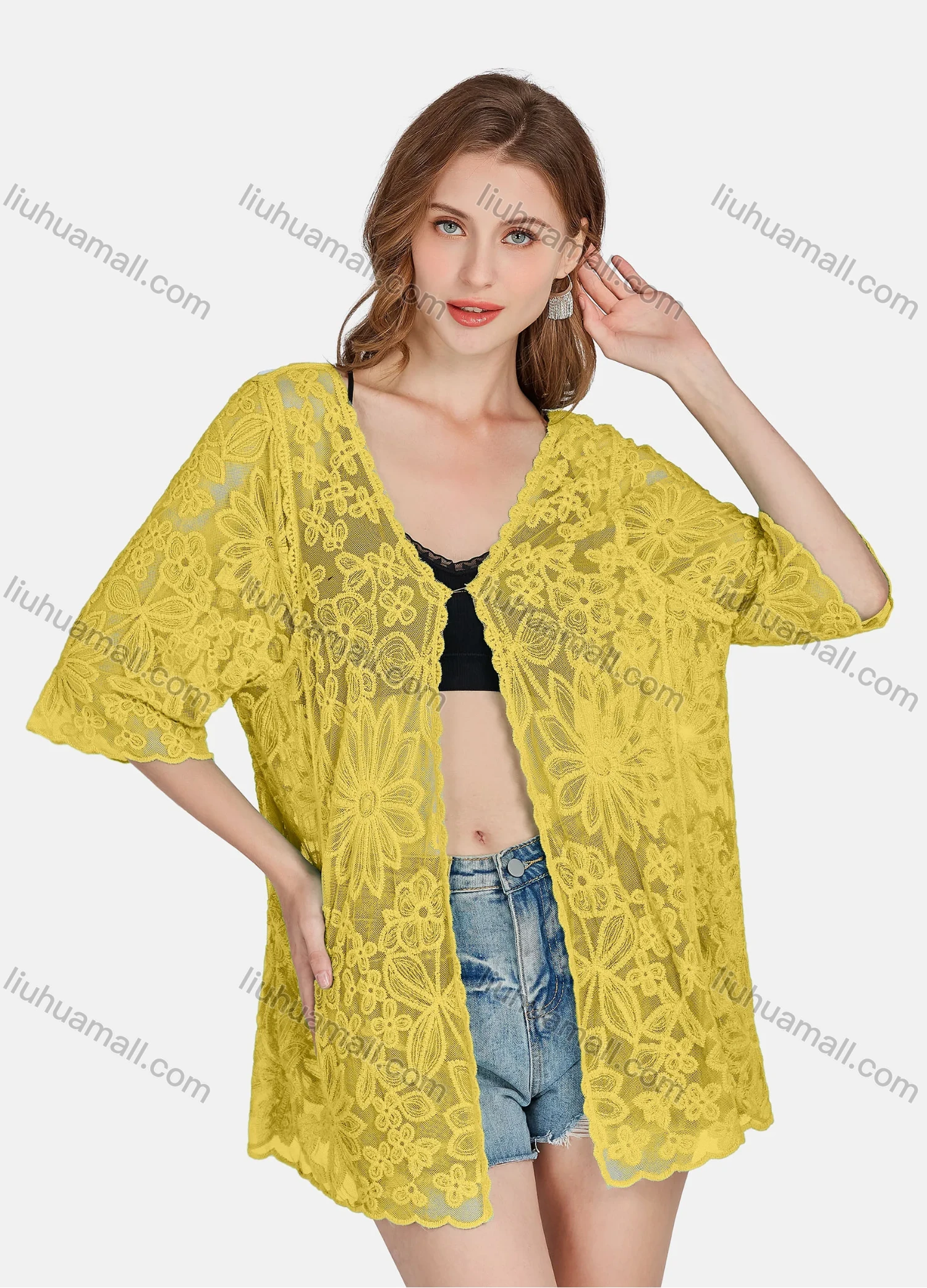 Wholesale Women's Casual 3/4 Sleeve Hollow Out Guipure Lace Cover Up Cardigan 2004# - Liuhuamall