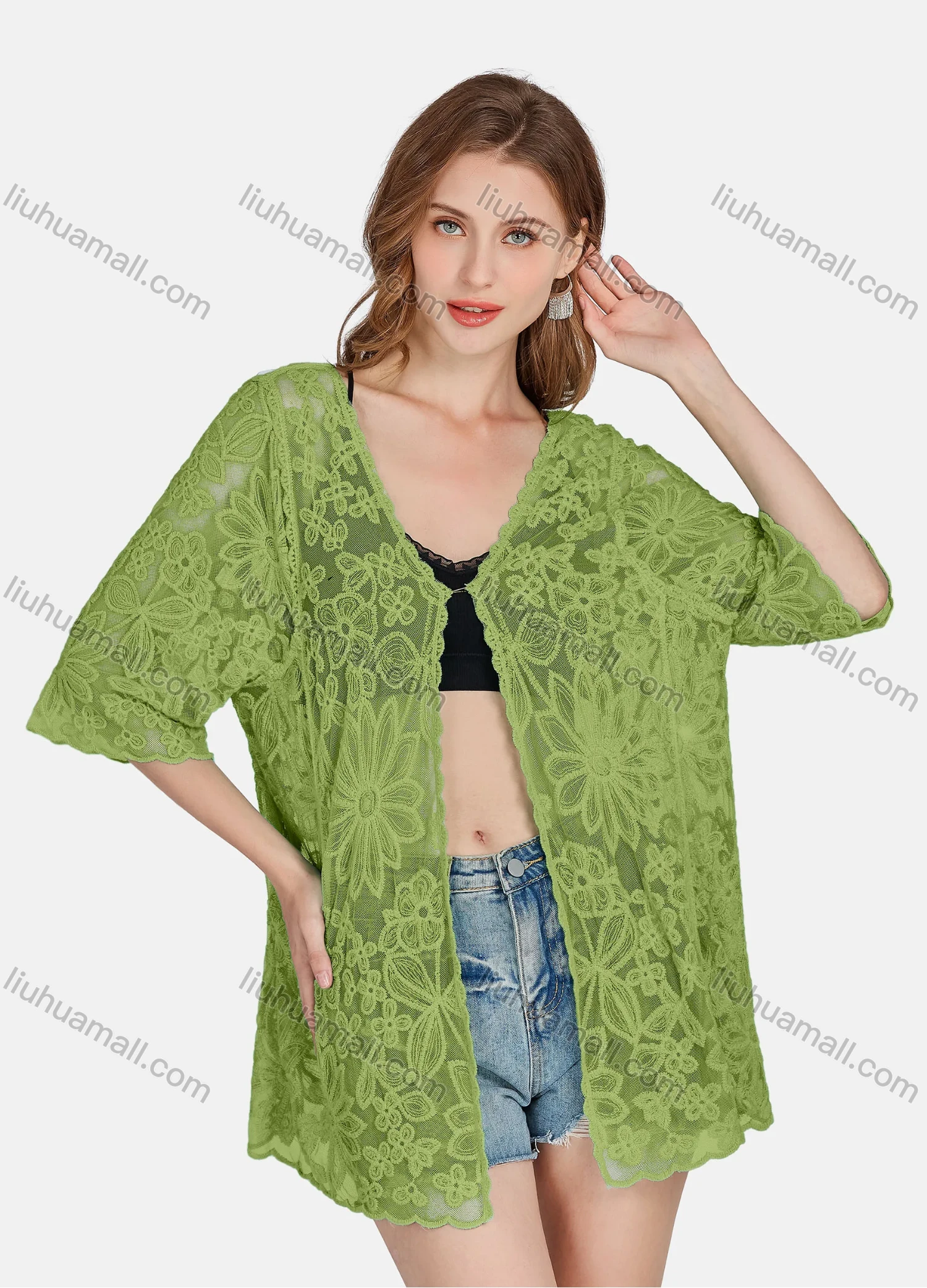 Wholesale Women's Casual 3/4 Sleeve Hollow Out Guipure Lace Cover Up Cardigan 2004# - Liuhuamall