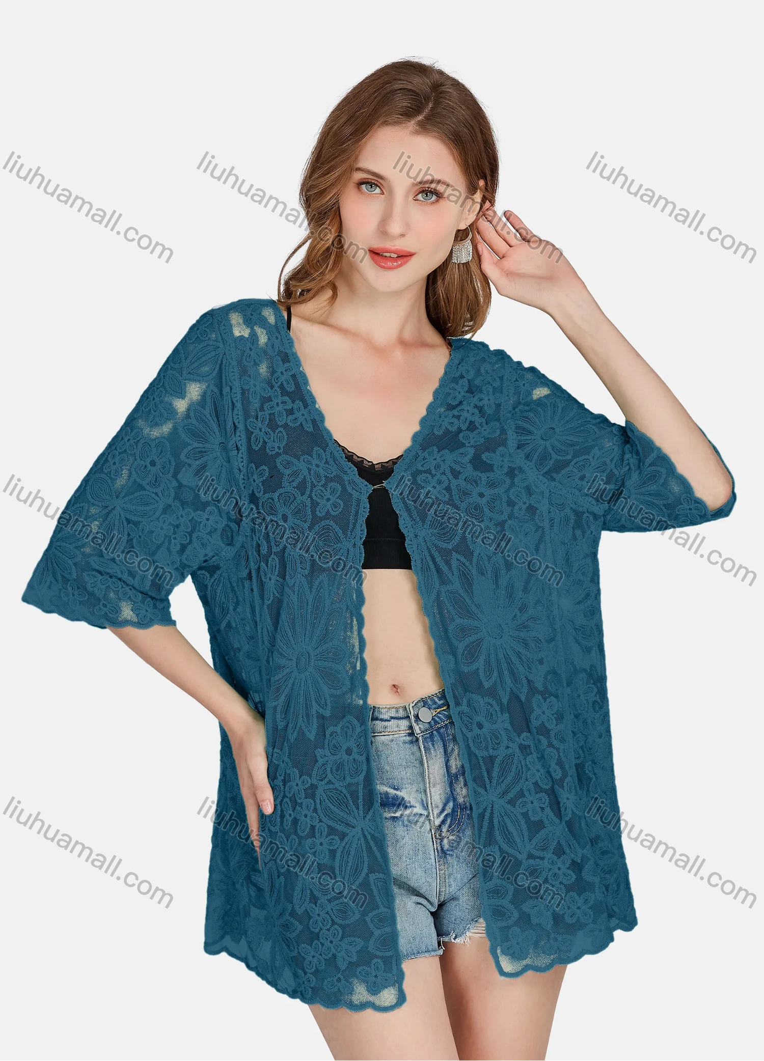 Wholesale Women's Casual 3/4 Sleeve Hollow Out Guipure Lace Cover Up Cardigan 2004# - Liuhuamall