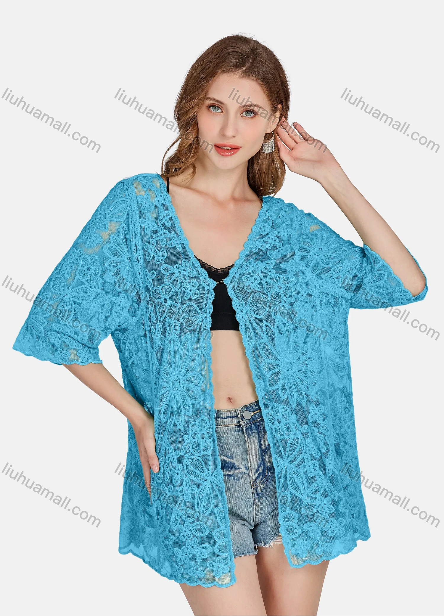 Wholesale Women's Casual 3/4 Sleeve Hollow Out Guipure Lace Cover Up Cardigan 2004# - Liuhuamall