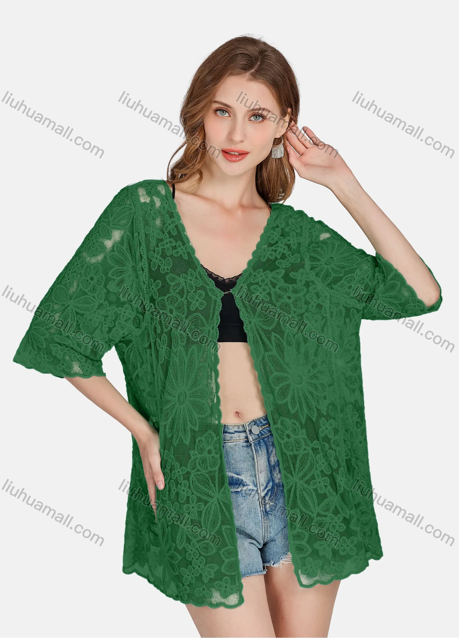 Wholesale Women's Casual 3/4 Sleeve Hollow Out Guipure Lace Cover Up Cardigan 2004# - Liuhuamall