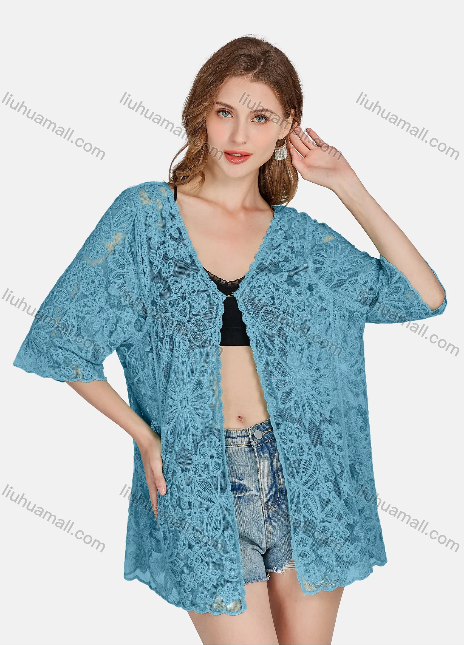 Wholesale Women's Casual 3/4 Sleeve Hollow Out Guipure Lace Cover Up Cardigan 2004# - Liuhuamall