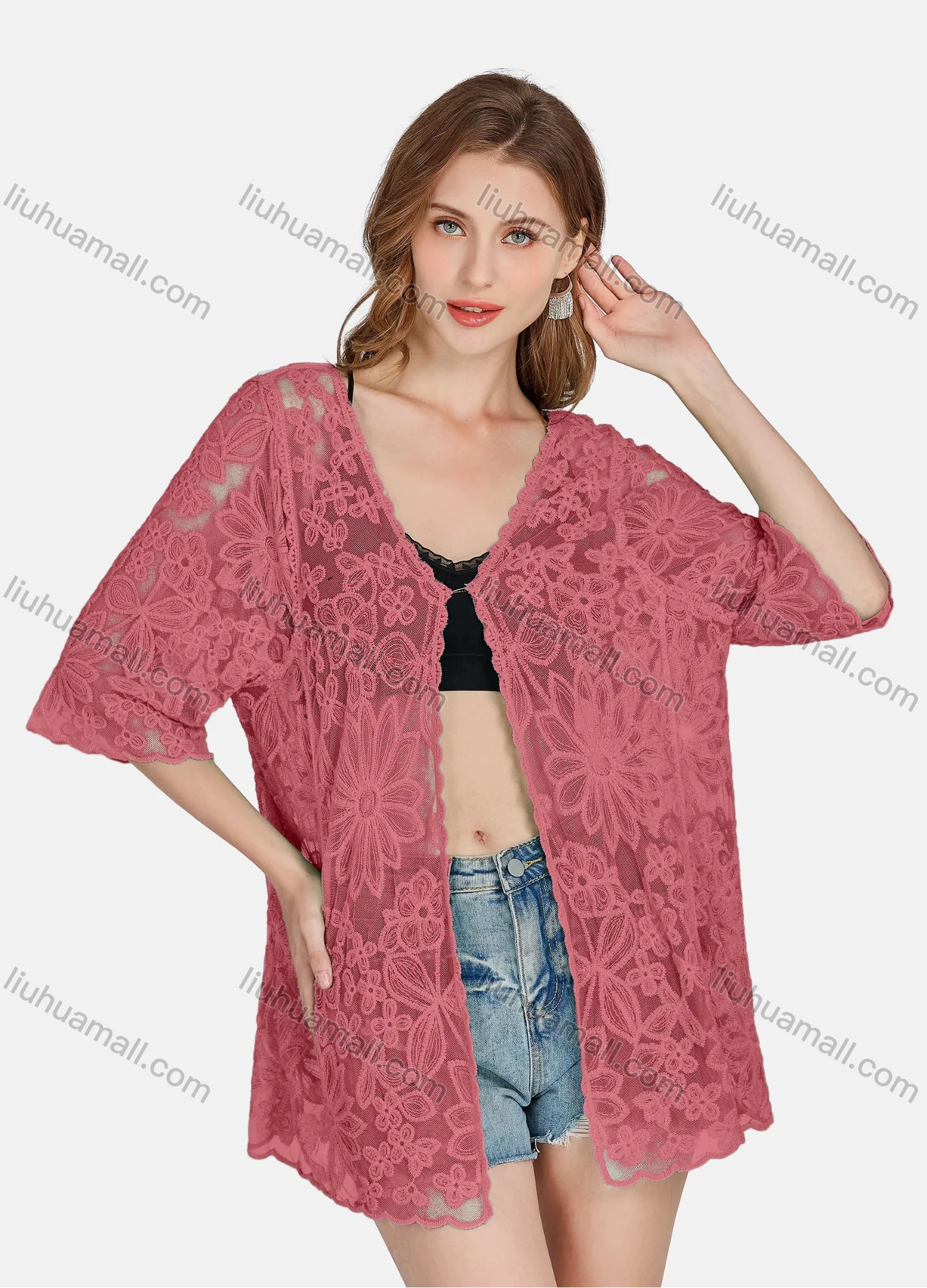 Wholesale Women's Casual 3/4 Sleeve Hollow Out Guipure Lace Cover Up Cardigan 2004# - Liuhuamall
