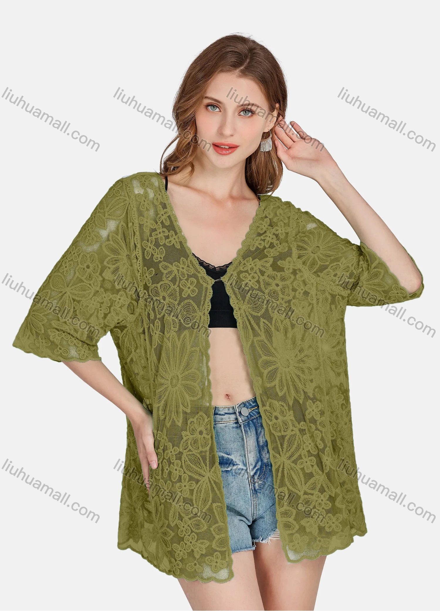 Wholesale Women's Casual 3/4 Sleeve Hollow Out Guipure Lace Cover Up Cardigan 2004# - Liuhuamall