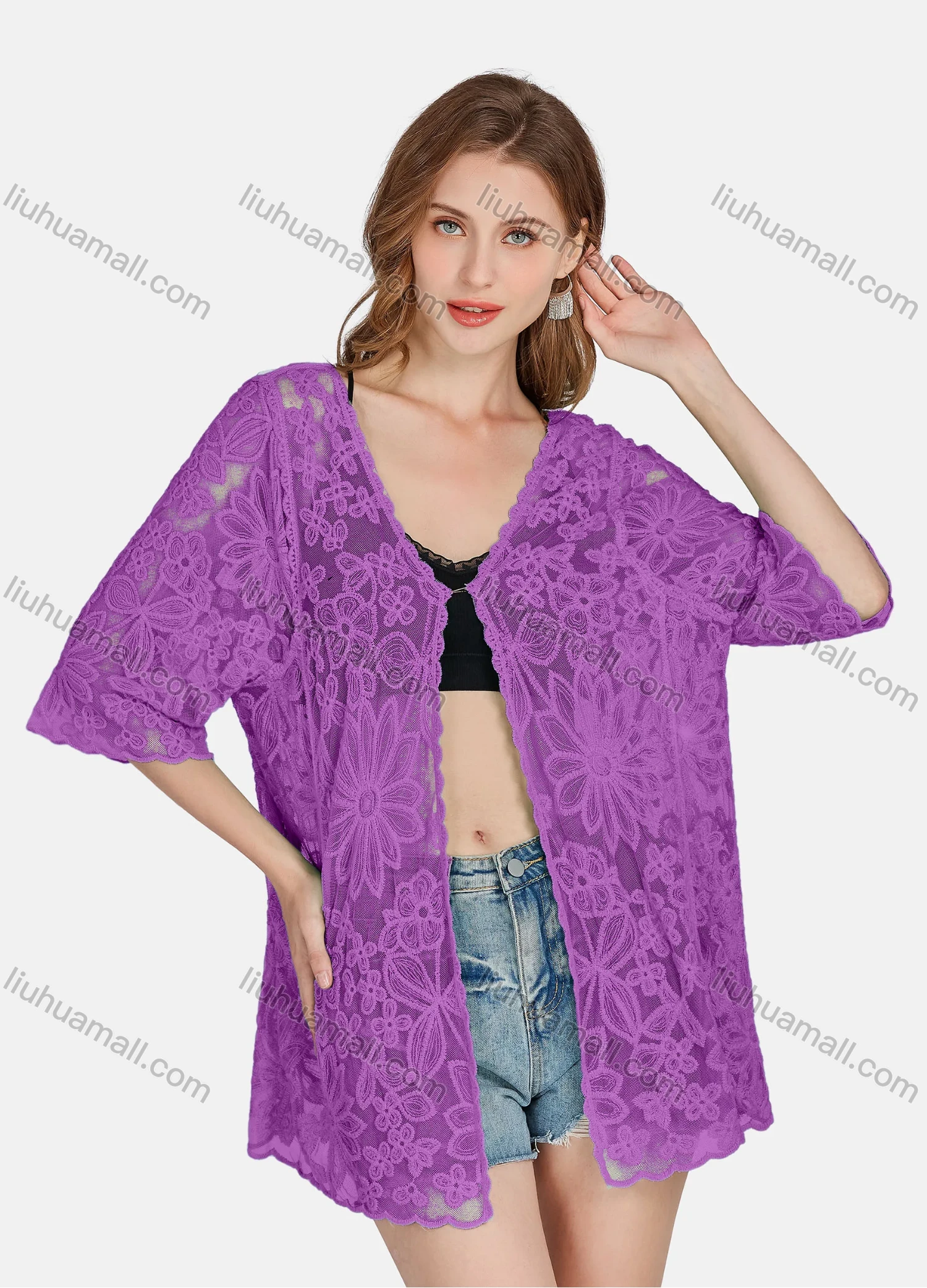 Wholesale Women's Casual 3/4 Sleeve Hollow Out Guipure Lace Cover Up Cardigan 2004# - Liuhuamall