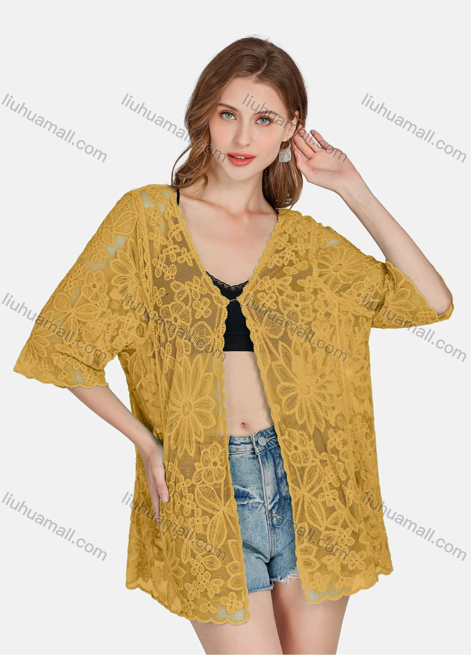 Wholesale Women's Casual 3/4 Sleeve Hollow Out Guipure Lace Cover Up Cardigan 2004# - Liuhuamall