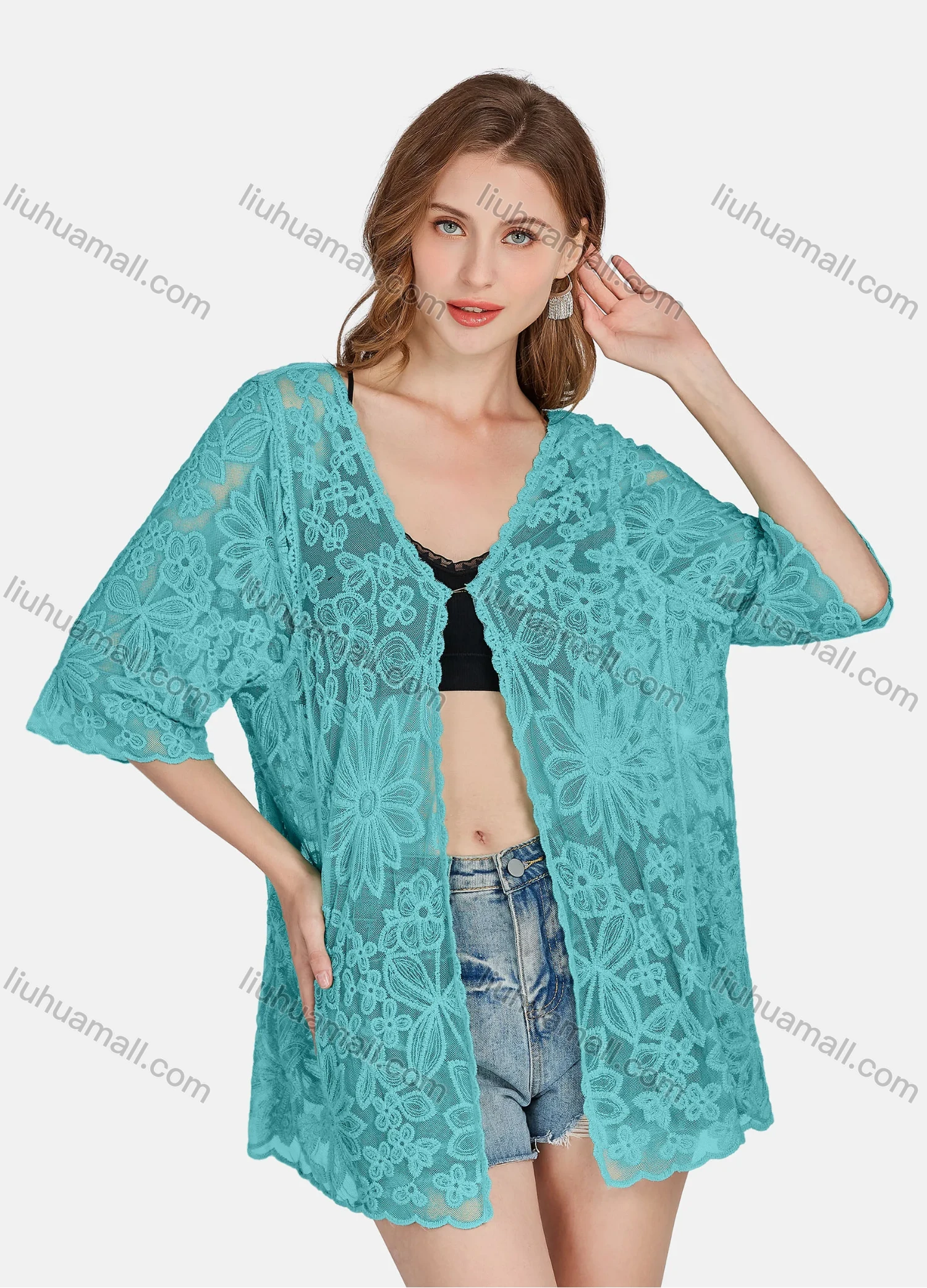Wholesale Women's Casual 3/4 Sleeve Hollow Out Guipure Lace Cover Up Cardigan 2004# - Liuhuamall