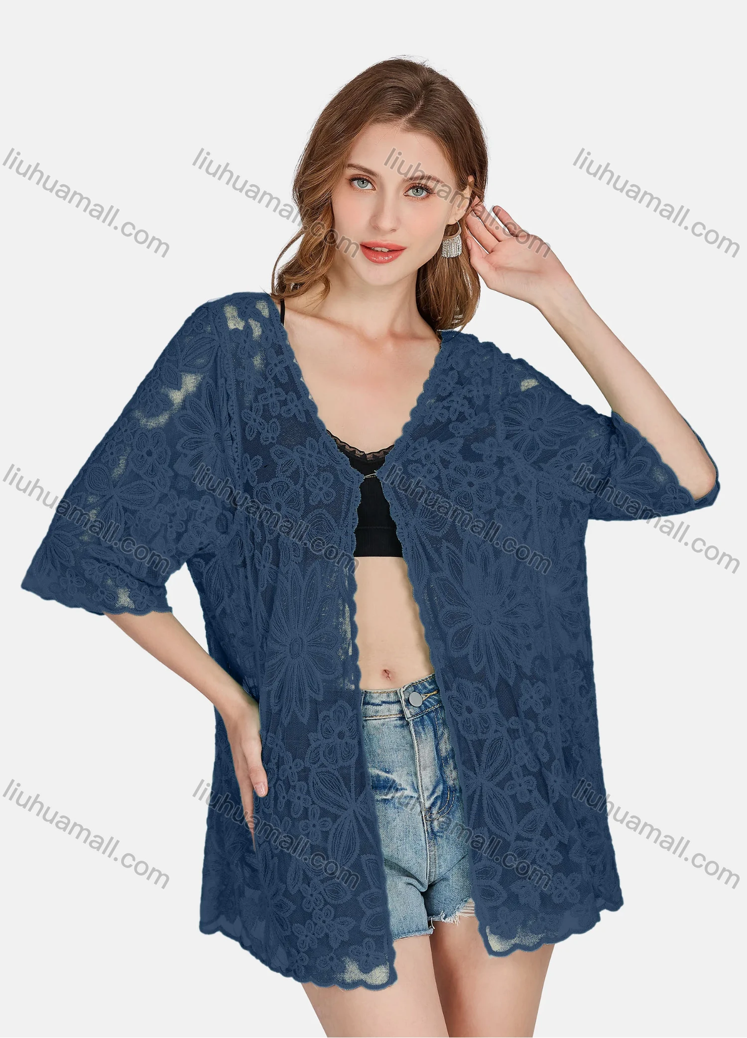 Wholesale Women's Casual 3/4 Sleeve Hollow Out Guipure Lace Cover Up Cardigan 2004# - Liuhuamall