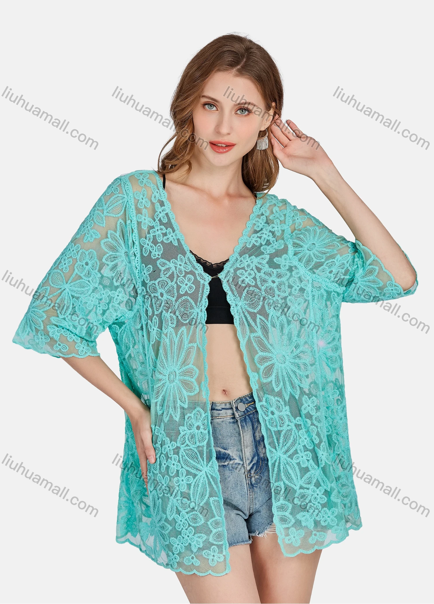 Wholesale Women's Casual 3/4 Sleeve Hollow Out Guipure Lace Cover Up Cardigan 2004# - Liuhuamall
