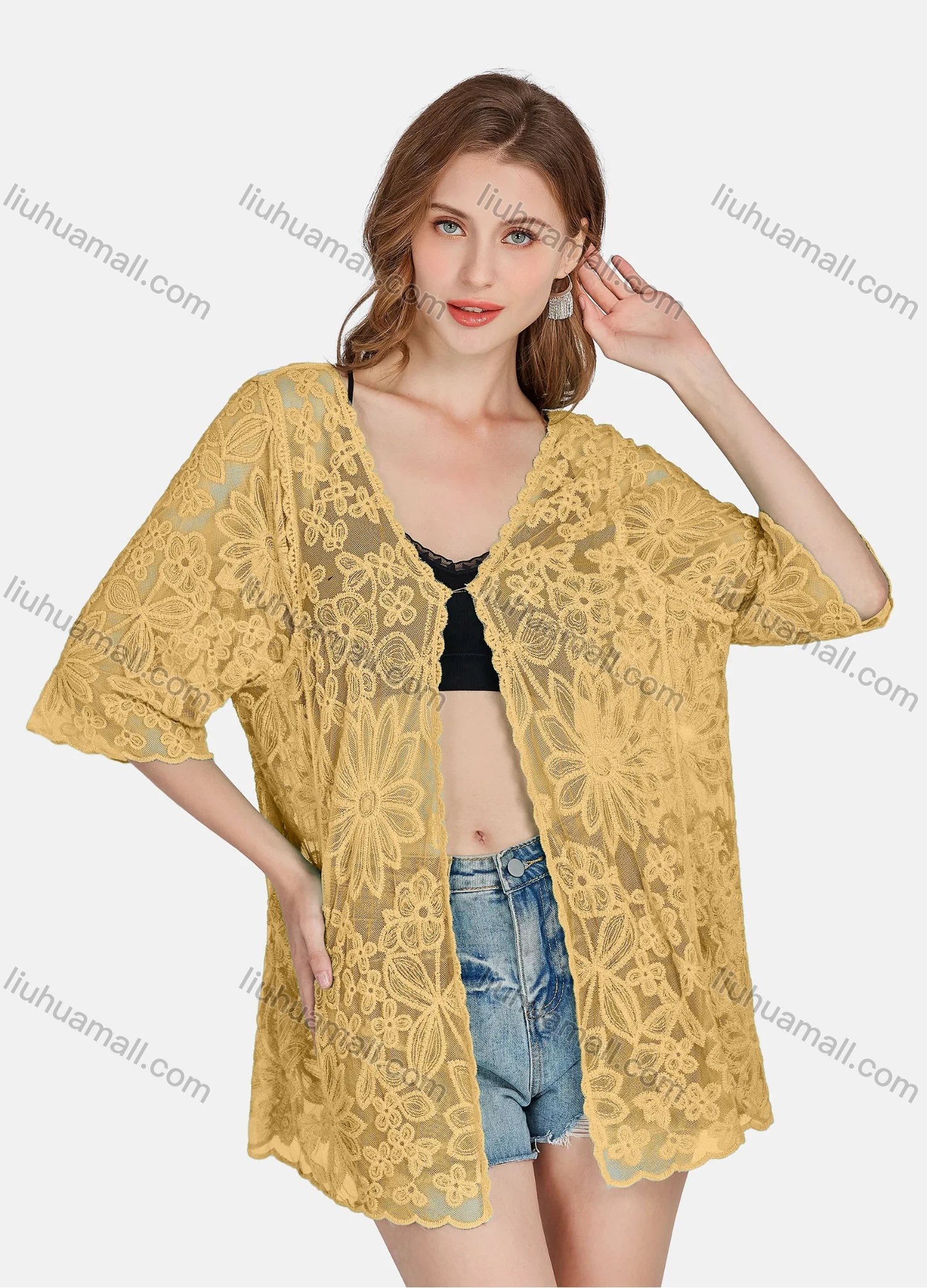 Wholesale Women's Casual 3/4 Sleeve Hollow Out Guipure Lace Cover Up Cardigan 2004# - Liuhuamall