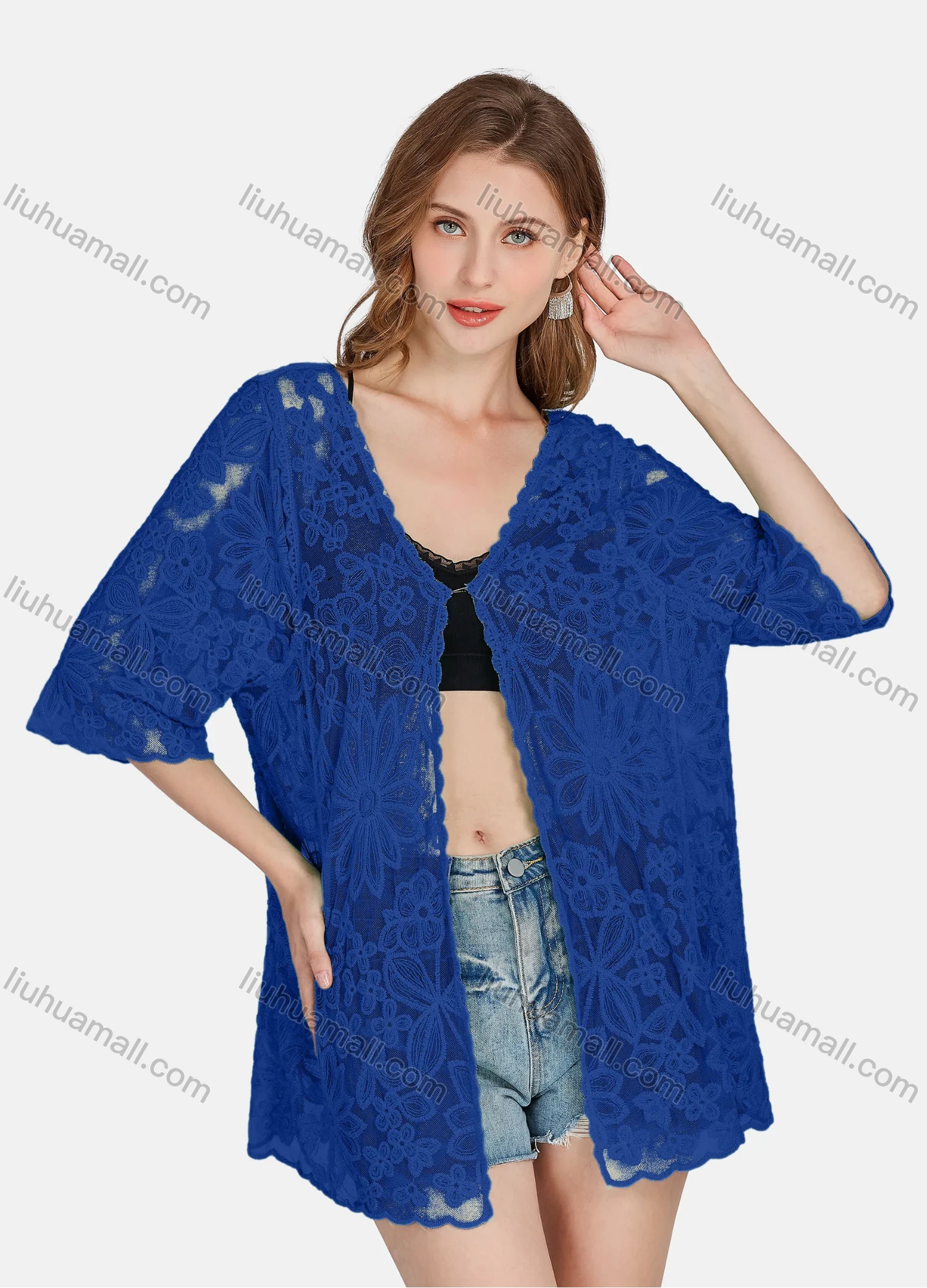 Wholesale Women's Casual 3/4 Sleeve Hollow Out Guipure Lace Cover Up Cardigan 2004# - Liuhuamall