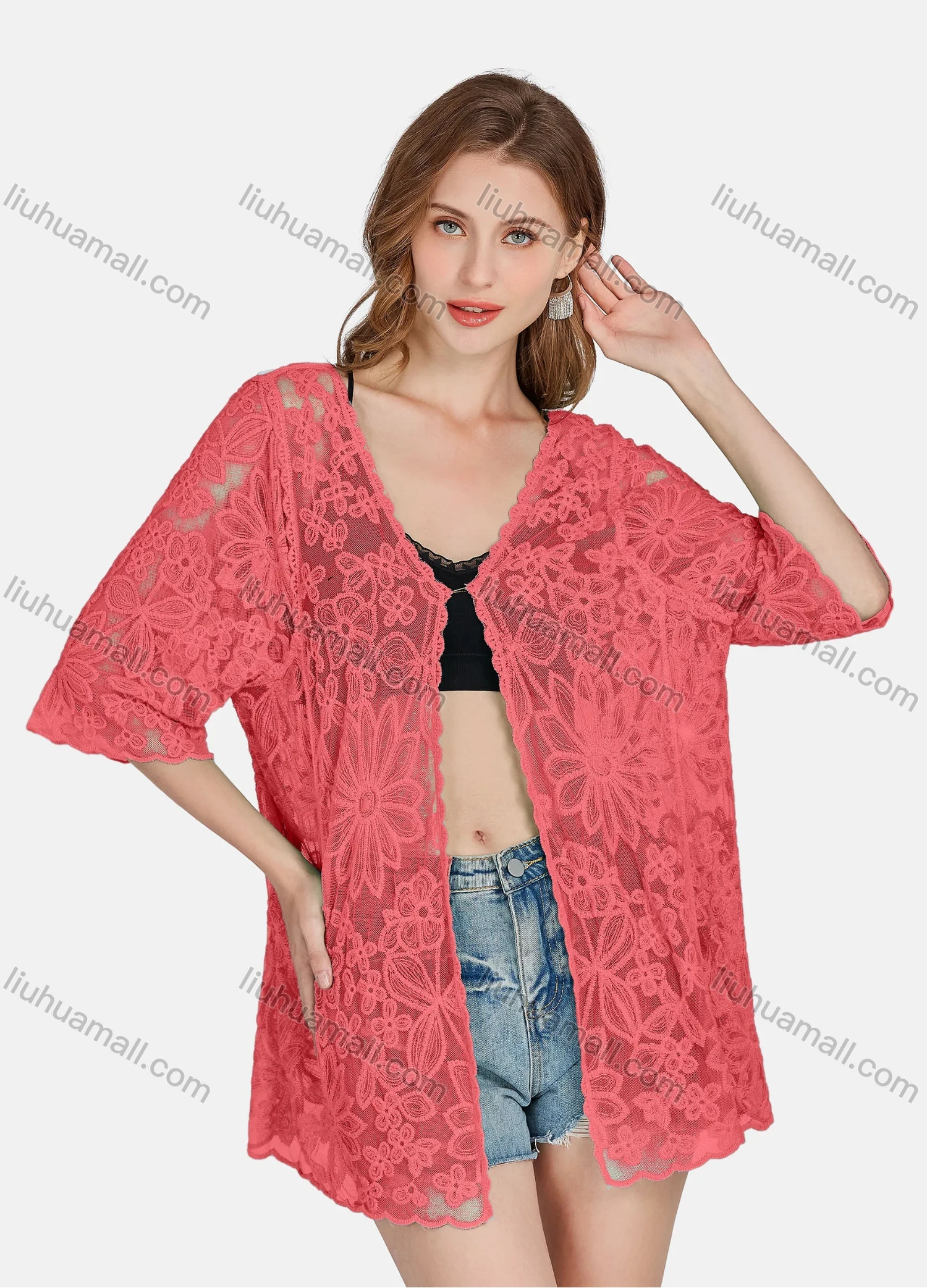 Wholesale Women's Casual 3/4 Sleeve Hollow Out Guipure Lace Cover Up Cardigan 2004# - Liuhuamall