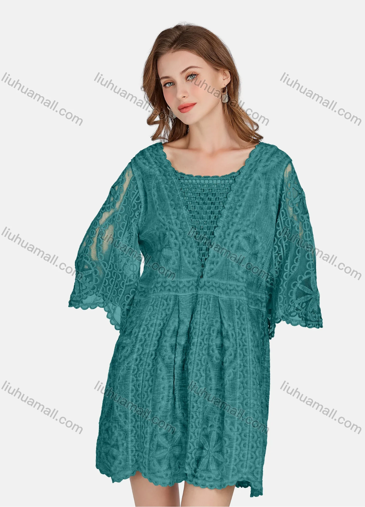 Wholesale Women's Casual 3/4 Sleeve Hollow Out Guipure Lace Short Dress 2005# - Liuhuamall