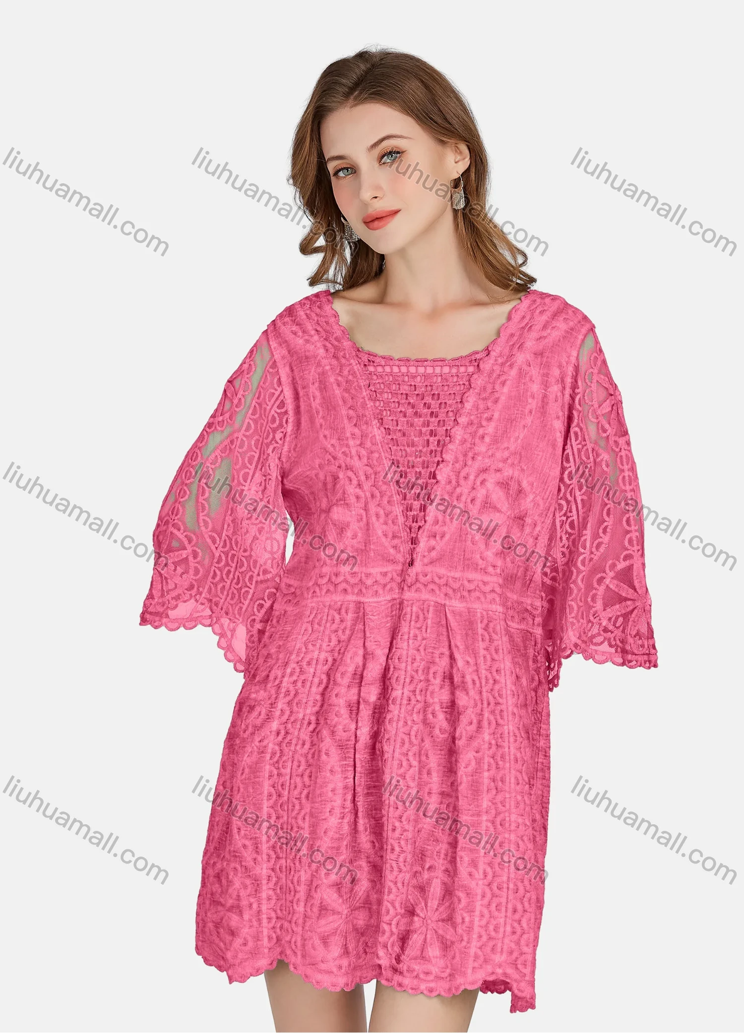 Wholesale Women's Casual 3/4 Sleeve Hollow Out Guipure Lace Short Dress 2005# - Liuhuamall