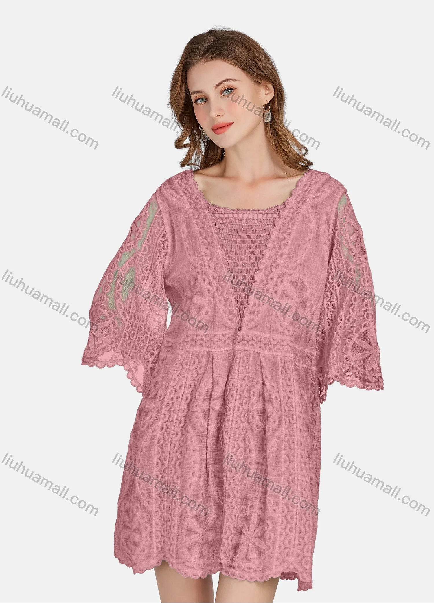 Wholesale Women's Casual 3/4 Sleeve Hollow Out Guipure Lace Short Dress 2005# - Liuhuamall