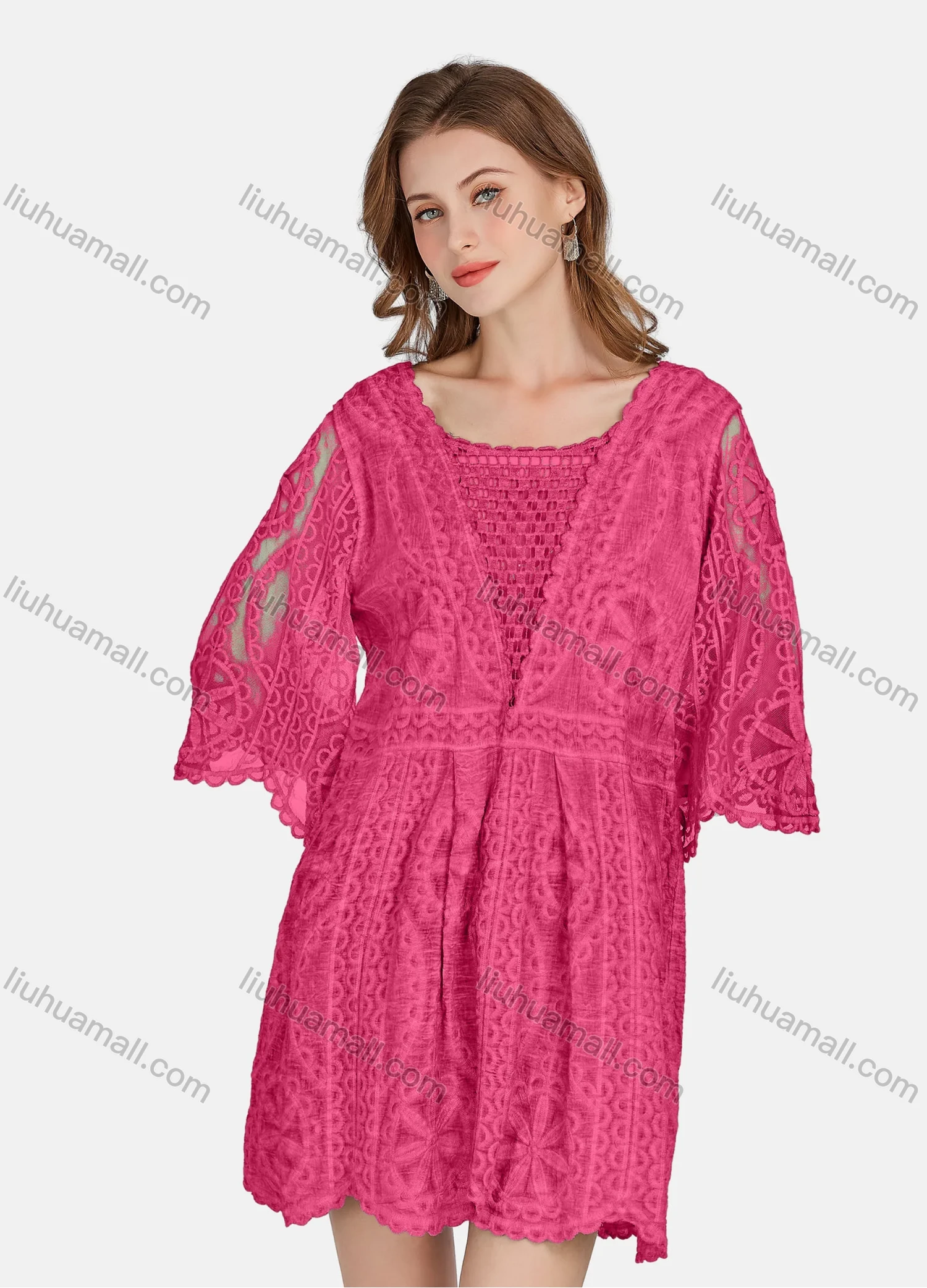 Wholesale Women's Casual 3/4 Sleeve Hollow Out Guipure Lace Short Dress 2005# - Liuhuamall