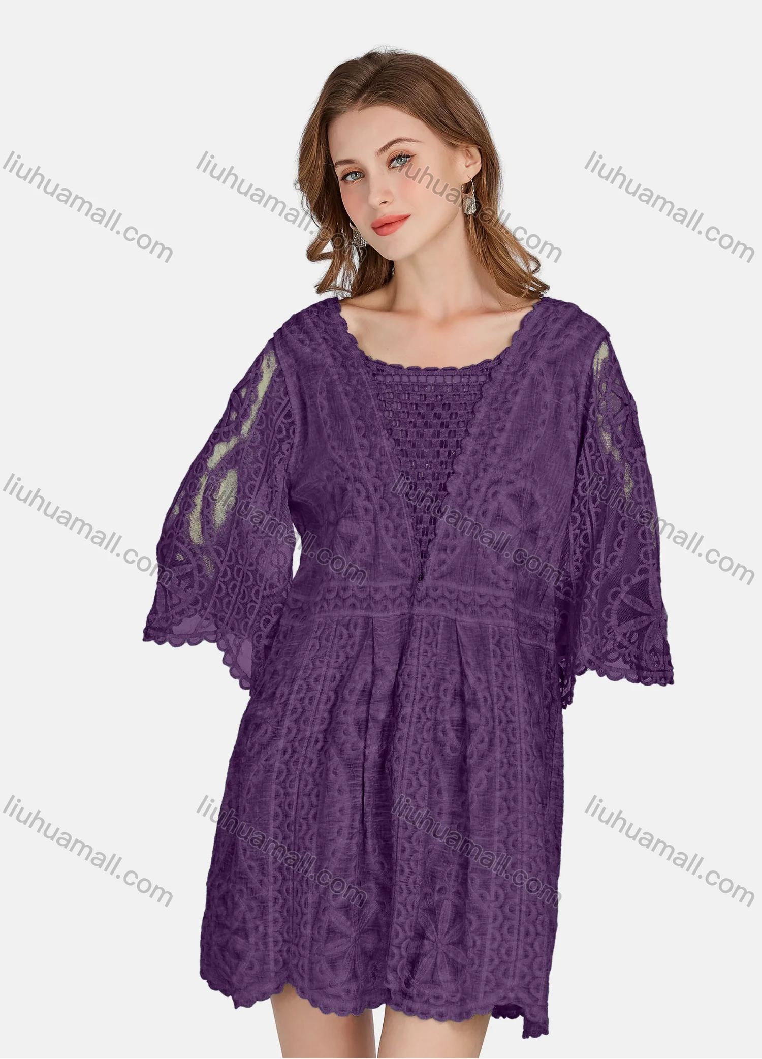 Wholesale Women's Casual 3/4 Sleeve Hollow Out Guipure Lace Short Dress 2005# - Liuhuamall