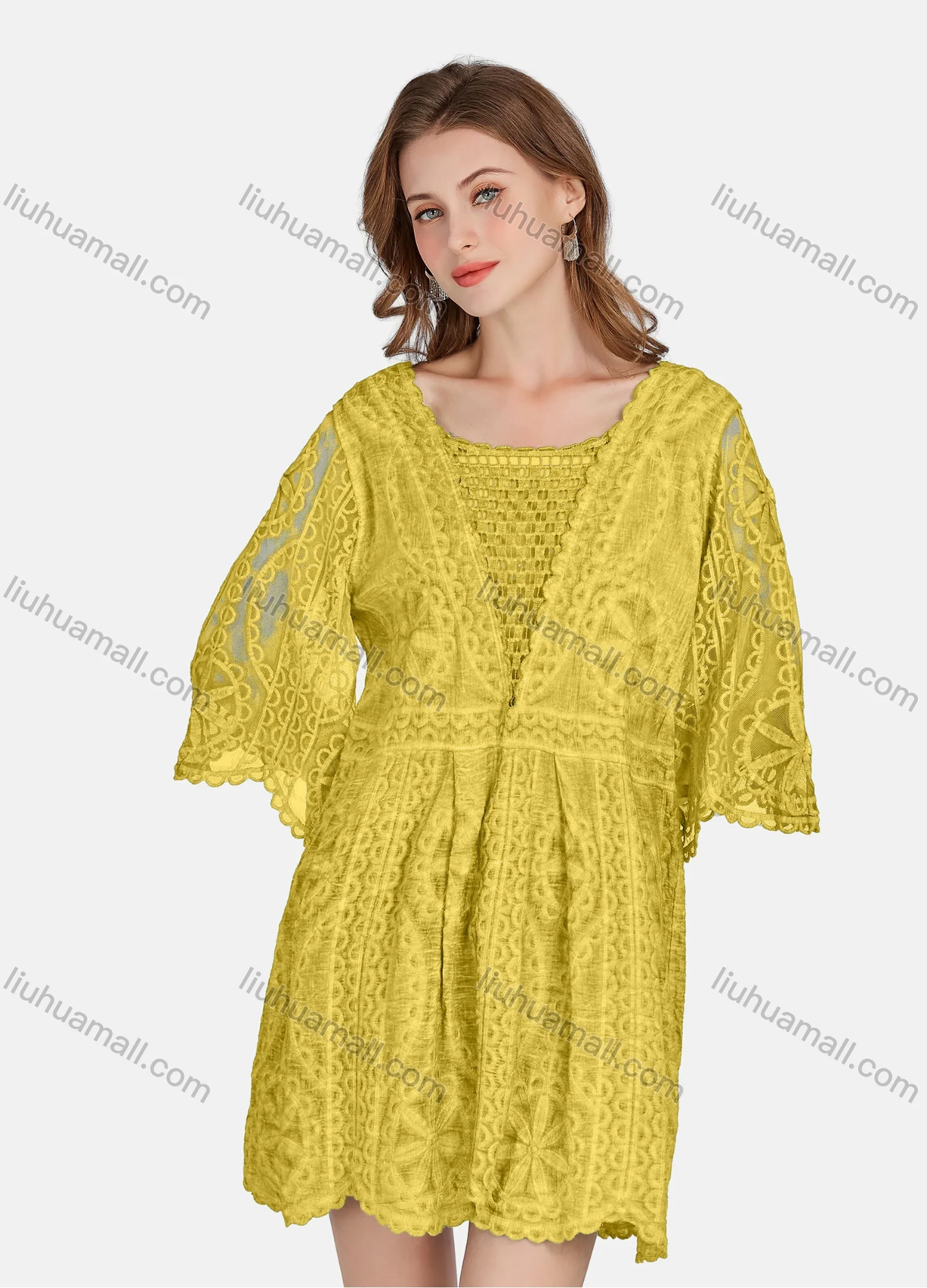 Wholesale Women's Casual 3/4 Sleeve Hollow Out Guipure Lace Short Dress 2005# - Liuhuamall