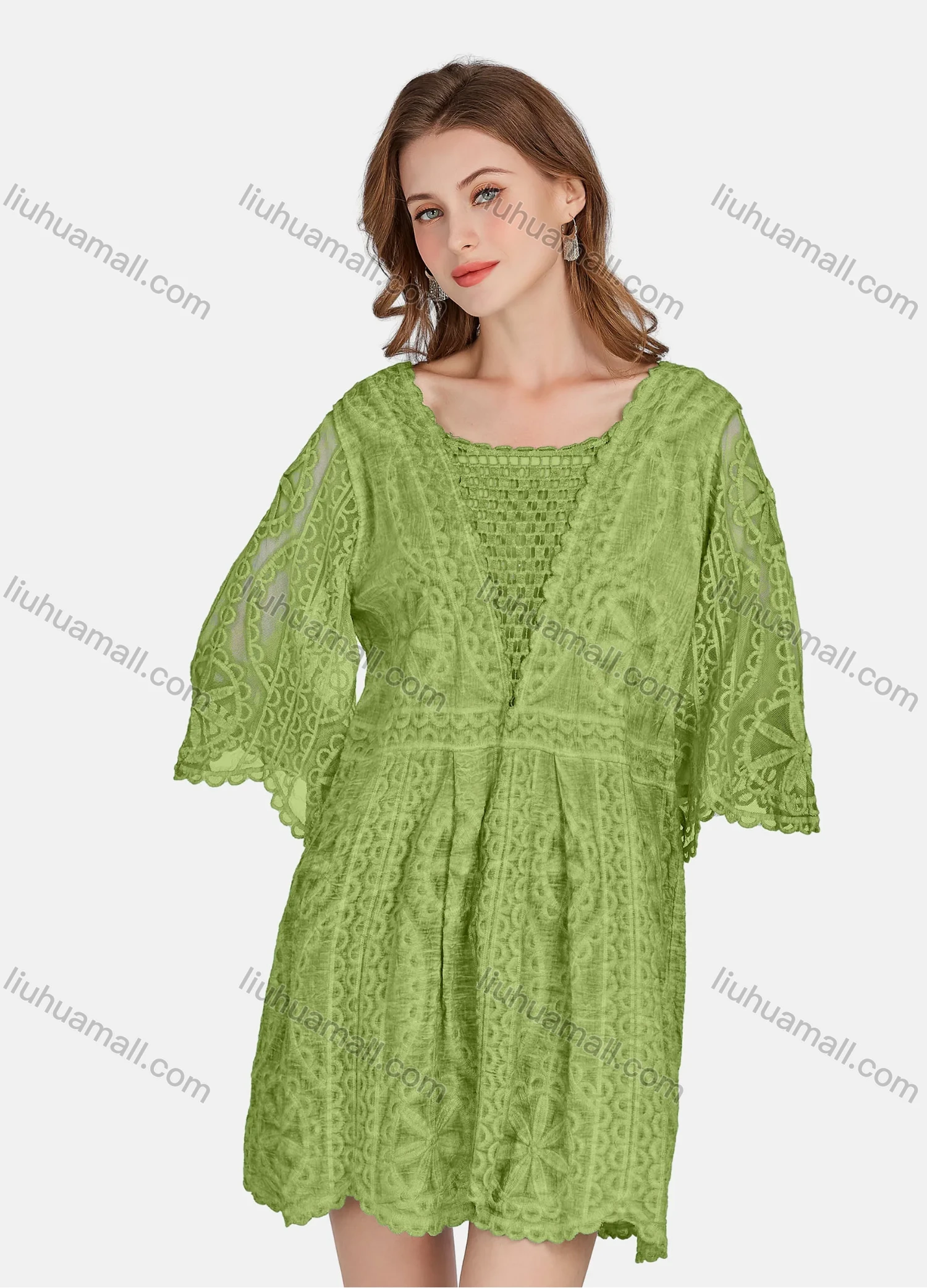 Wholesale Women's Casual 3/4 Sleeve Hollow Out Guipure Lace Short Dress 2005# - Liuhuamall