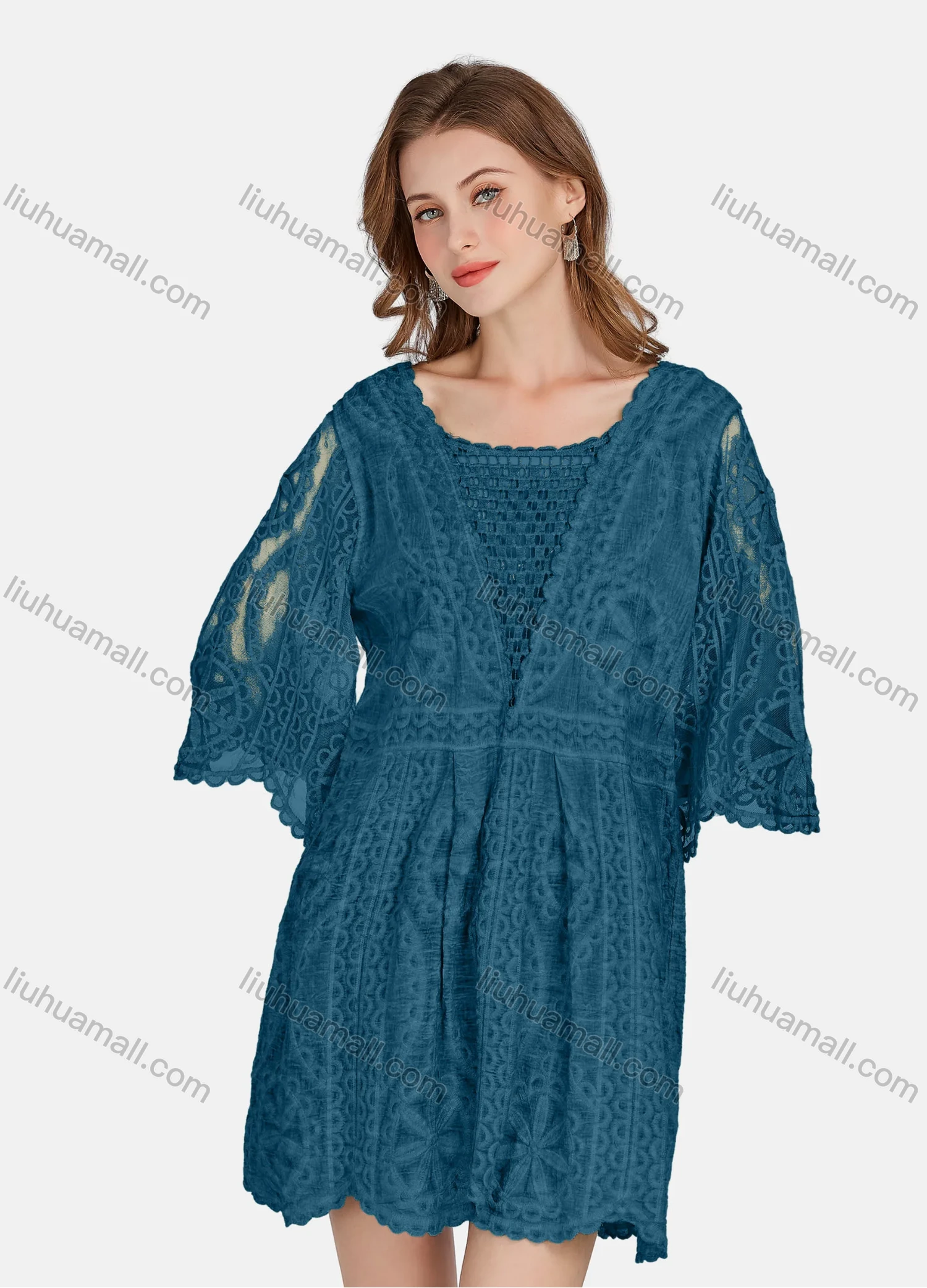 Wholesale Women's Casual 3/4 Sleeve Hollow Out Guipure Lace Short Dress 2005# - Liuhuamall