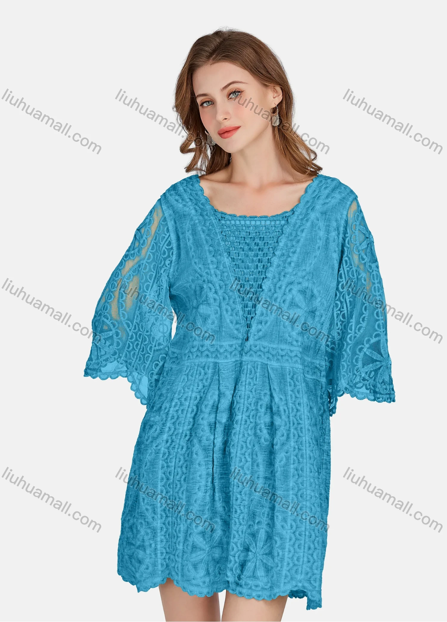 Wholesale Women's Casual 3/4 Sleeve Hollow Out Guipure Lace Short Dress 2005# - Liuhuamall