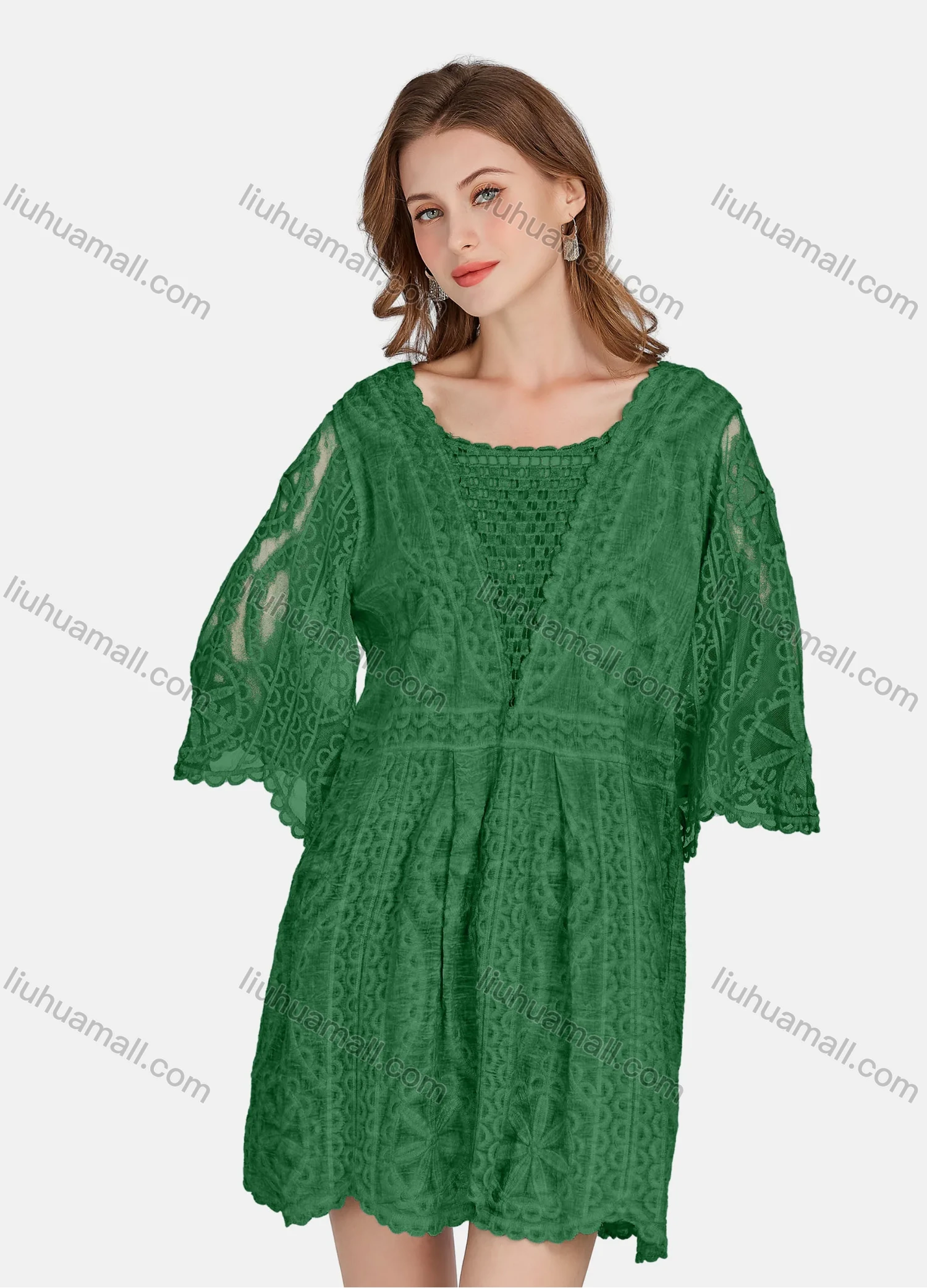 Wholesale Women's Casual 3/4 Sleeve Hollow Out Guipure Lace Short Dress 2005# - Liuhuamall