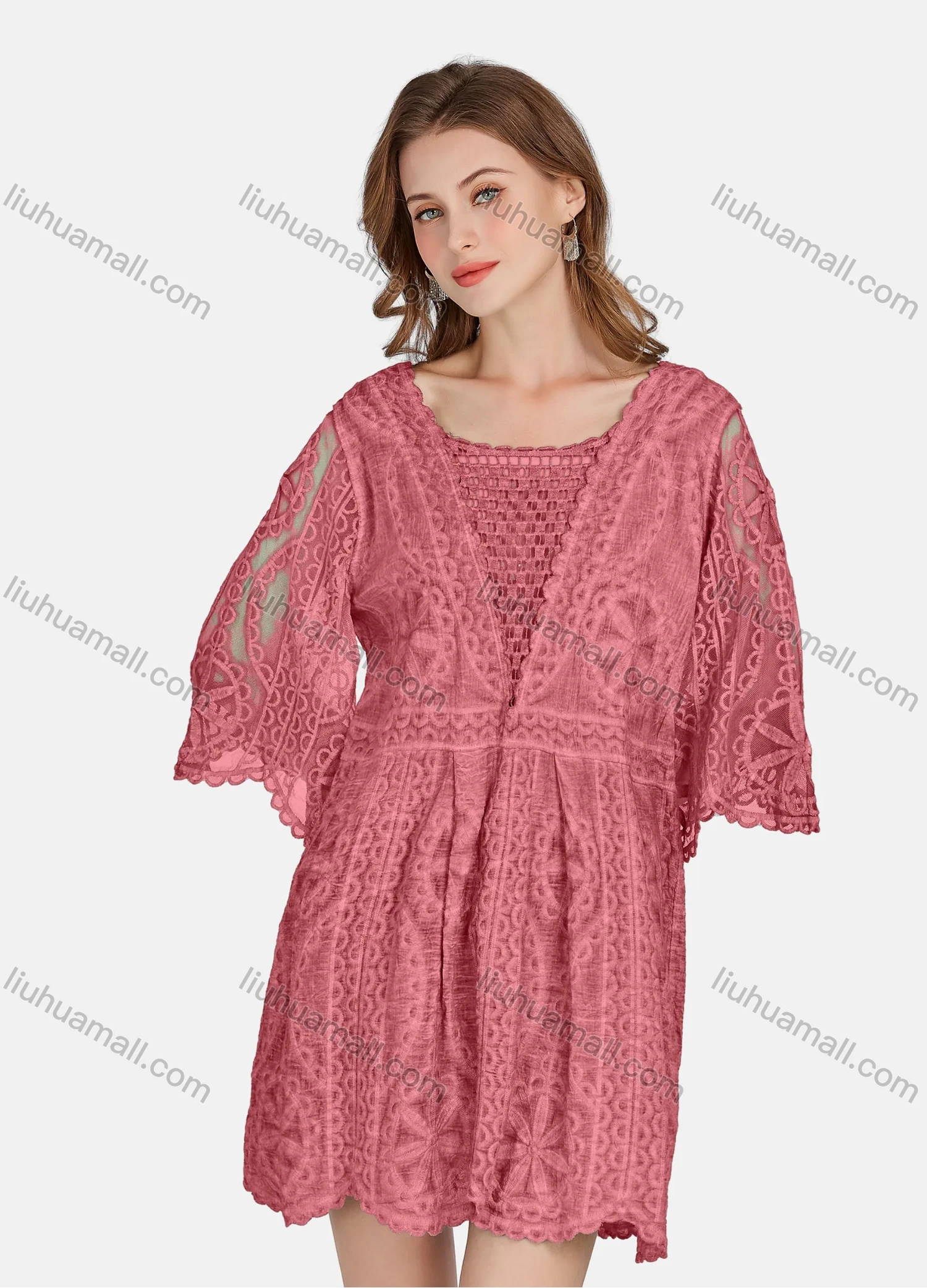 Wholesale Women's Casual 3/4 Sleeve Hollow Out Guipure Lace Short Dress 2005# - Liuhuamall