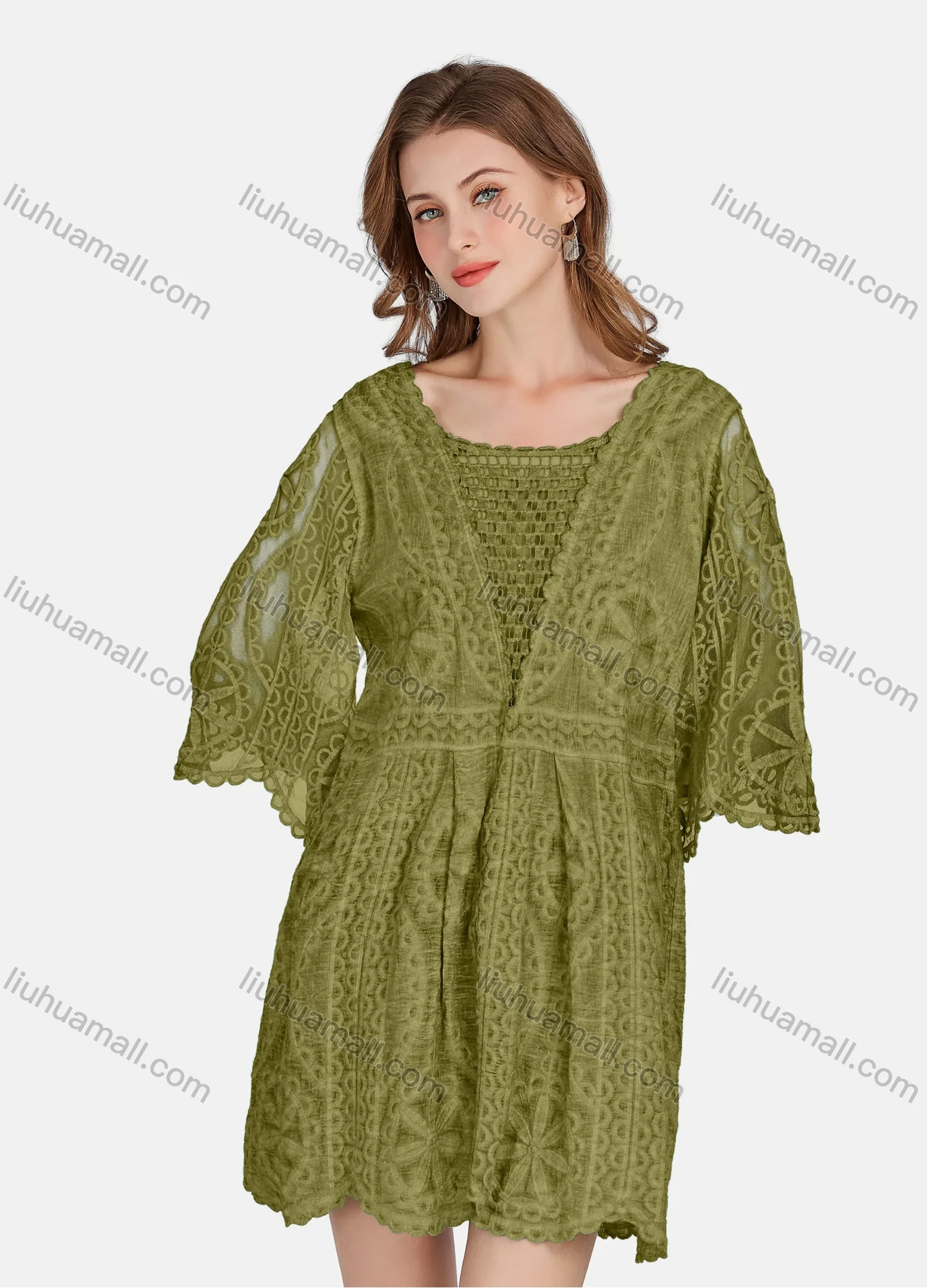 Wholesale Women's Casual 3/4 Sleeve Hollow Out Guipure Lace Short Dress 2005# - Liuhuamall