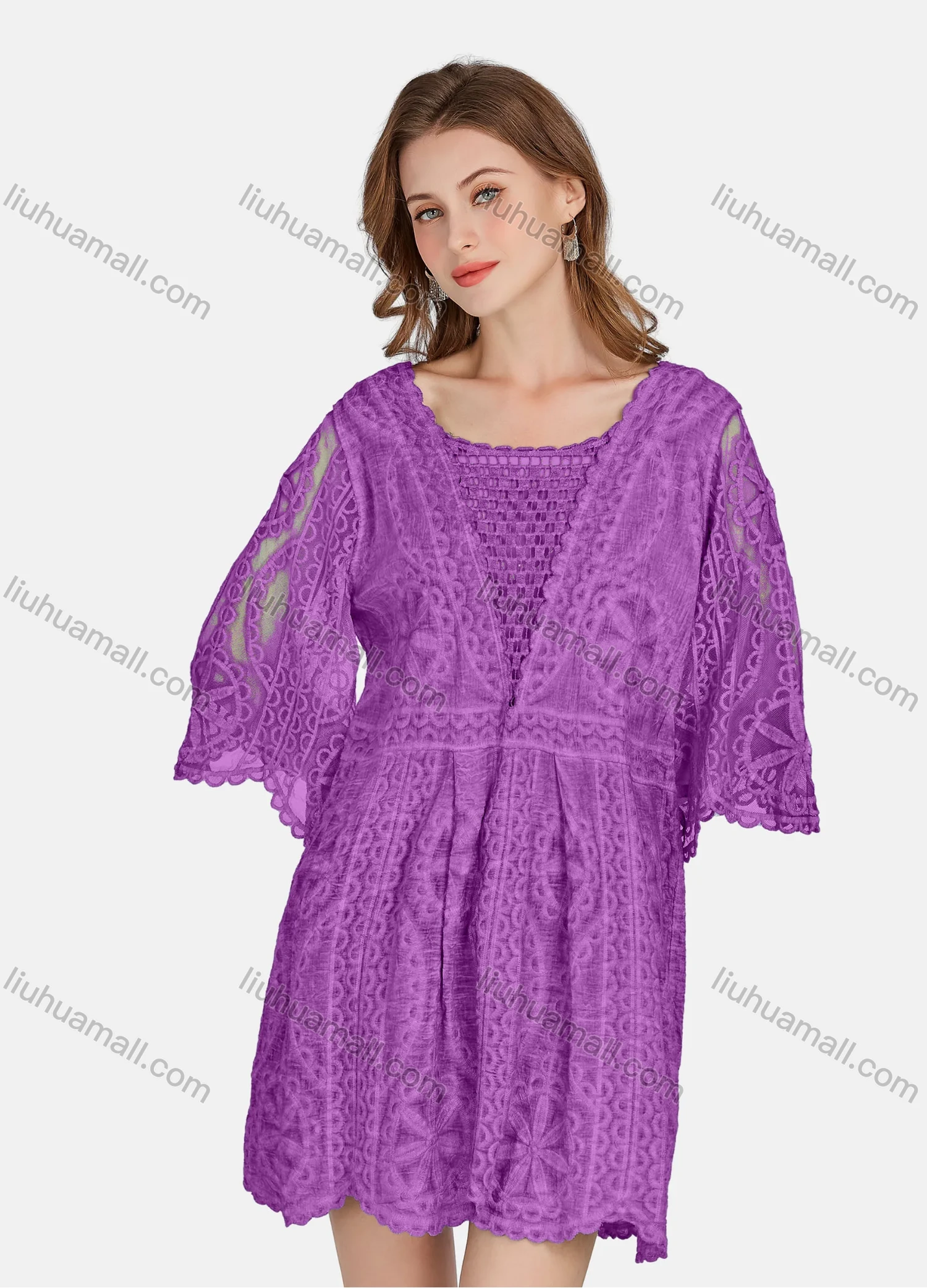 Wholesale Women's Casual 3/4 Sleeve Hollow Out Guipure Lace Short Dress 2005# - Liuhuamall