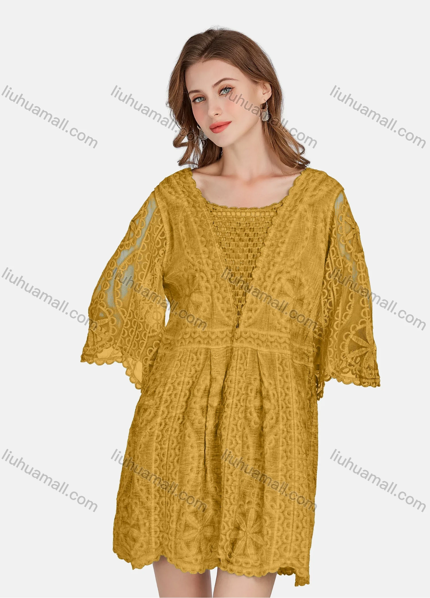 Wholesale Women's Casual 3/4 Sleeve Hollow Out Guipure Lace Short Dress 2005# - Liuhuamall