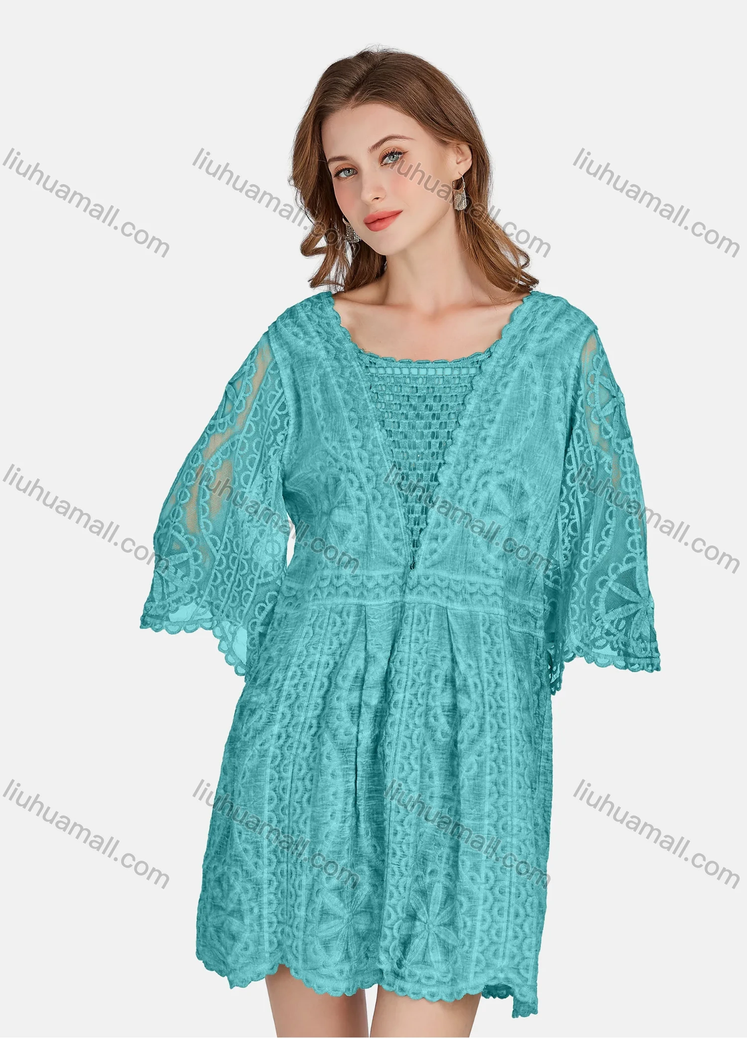 Wholesale Women's Casual 3/4 Sleeve Hollow Out Guipure Lace Short Dress 2005# - Liuhuamall