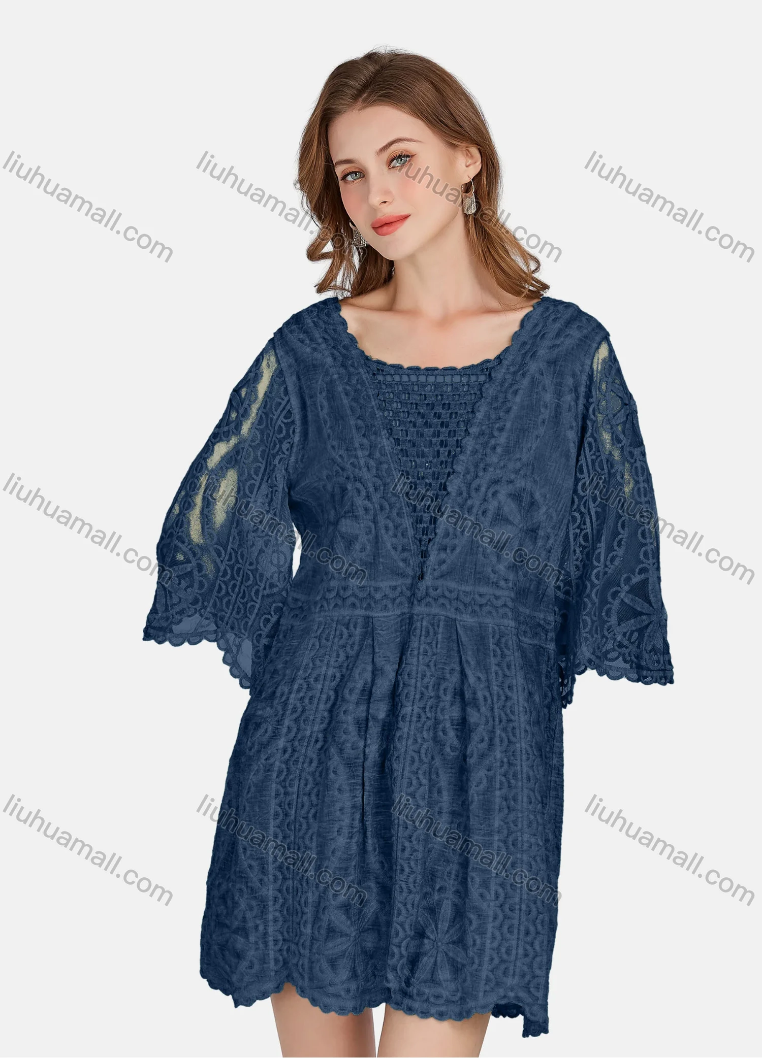 Wholesale Women's Casual 3/4 Sleeve Hollow Out Guipure Lace Short Dress 2005# - Liuhuamall