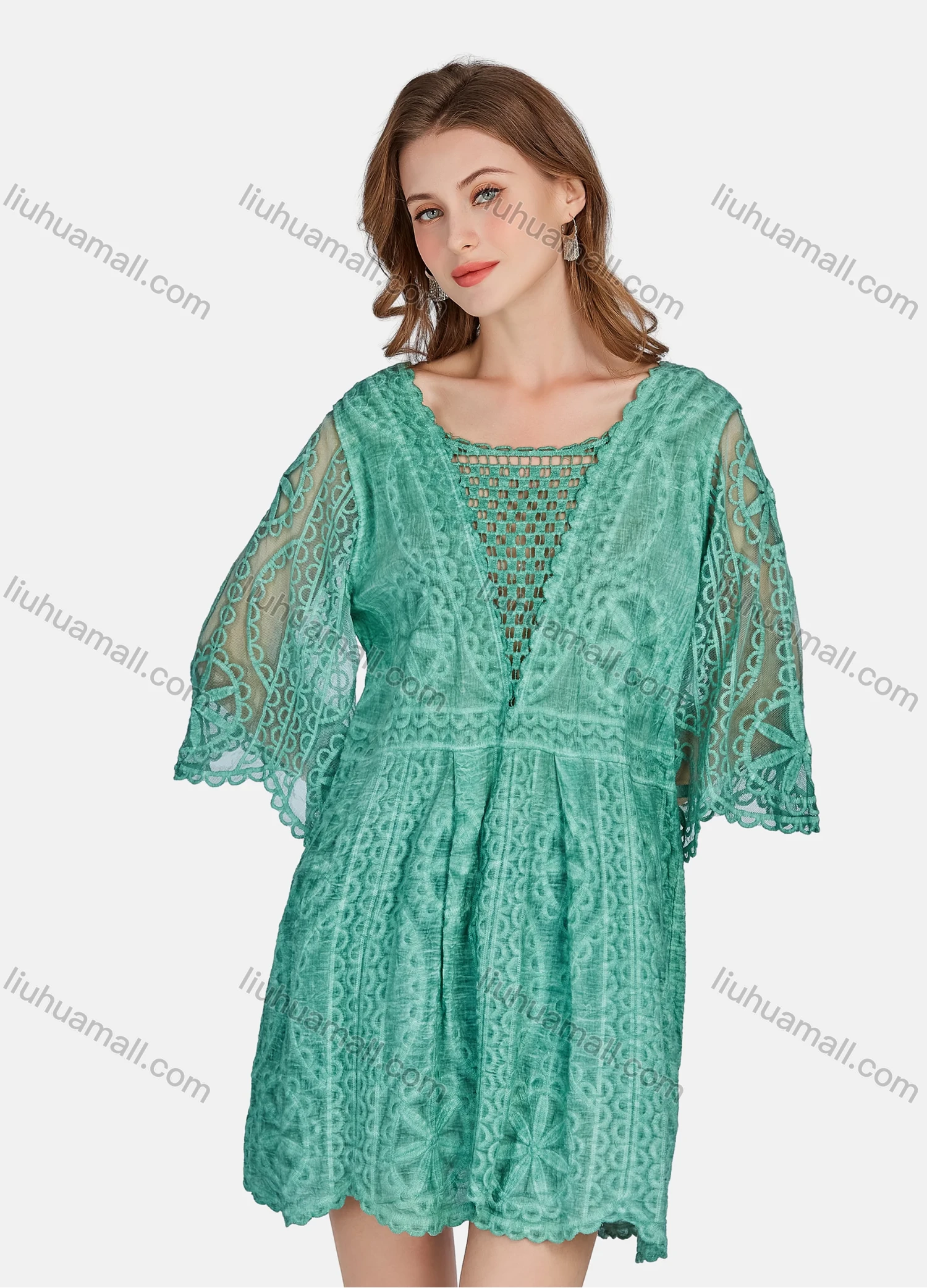 Wholesale Women's Casual 3/4 Sleeve Hollow Out Guipure Lace Short Dress 2005# - Liuhuamall