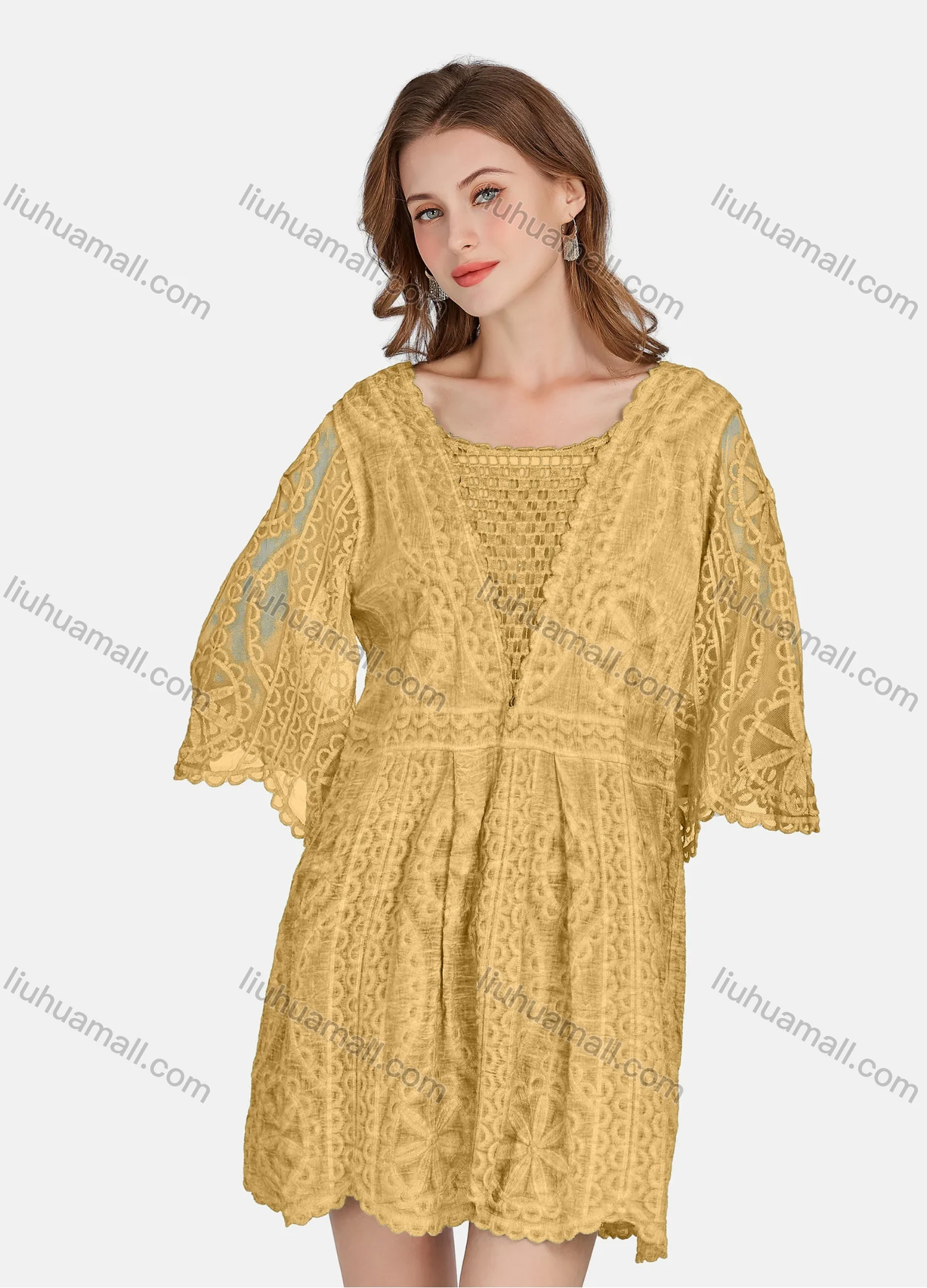 Wholesale Women's Casual 3/4 Sleeve Hollow Out Guipure Lace Short Dress 2005# - Liuhuamall