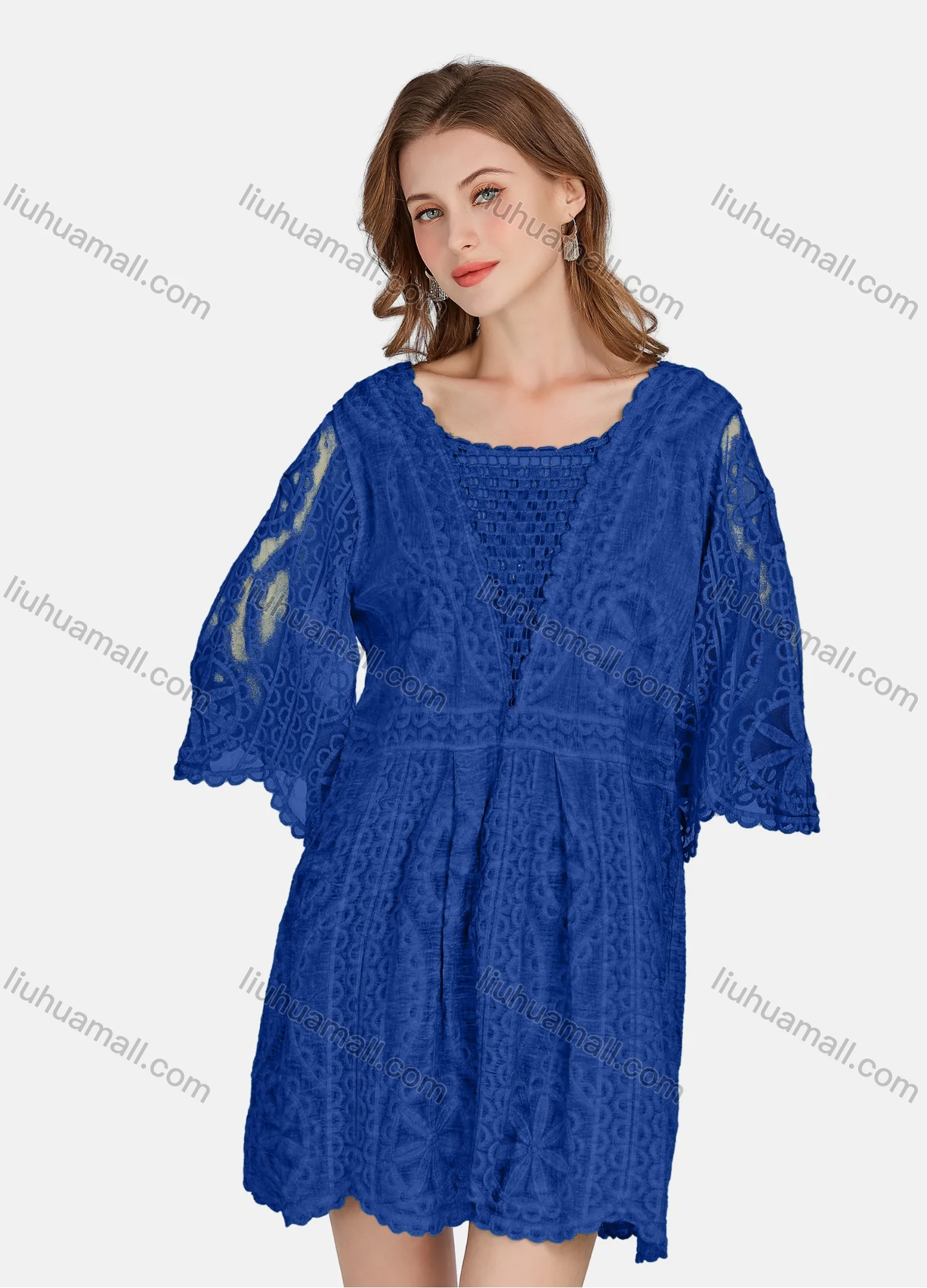 Wholesale Women's Casual 3/4 Sleeve Hollow Out Guipure Lace Short Dress 2005# - Liuhuamall